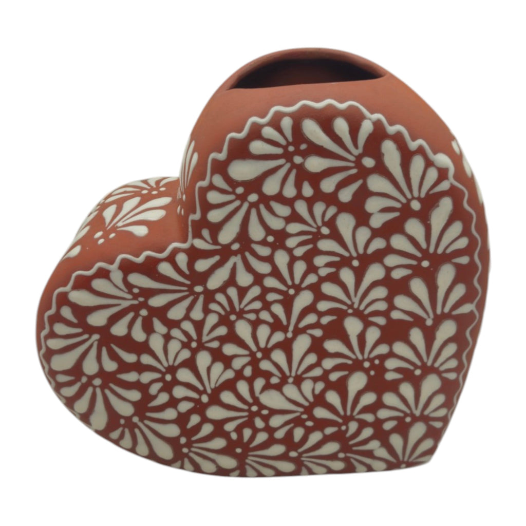Brown & White Talavera Heart Vase | Hand-Painted Pottery