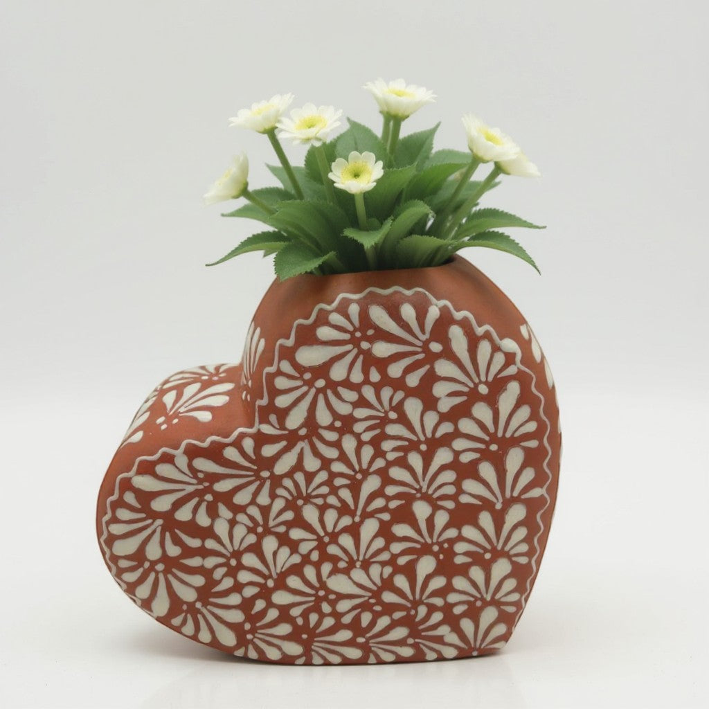 Brown & White Talavera Heart Vase | Hand-Painted Pottery