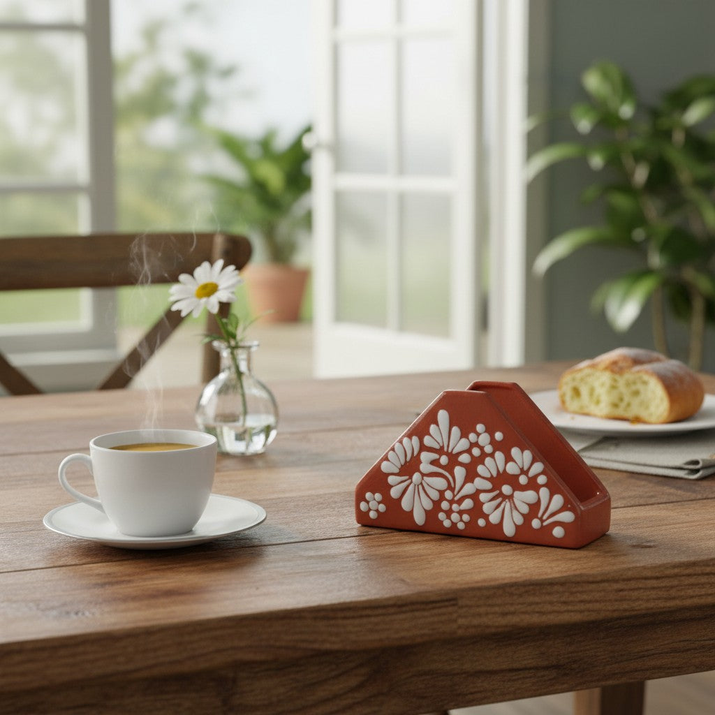 Brown & White Talavera Napkin Holder | Floral Glazed Design