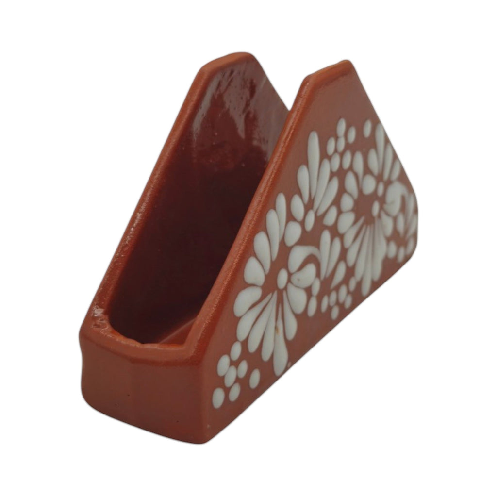 Brown & White Talavera Napkin Holder | Floral Glazed Design