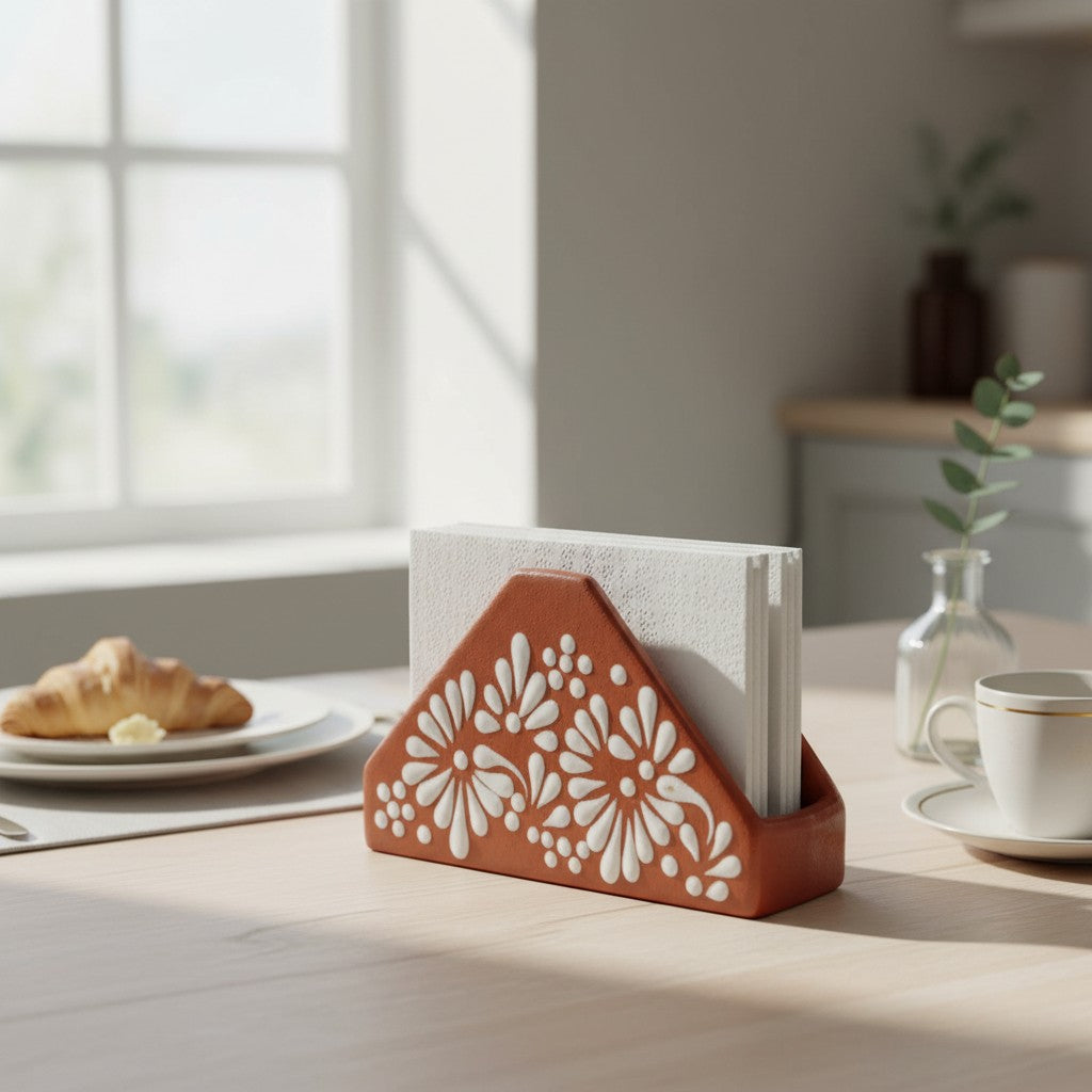 Brown & White Talavera Napkin Holder | Floral Glazed Design