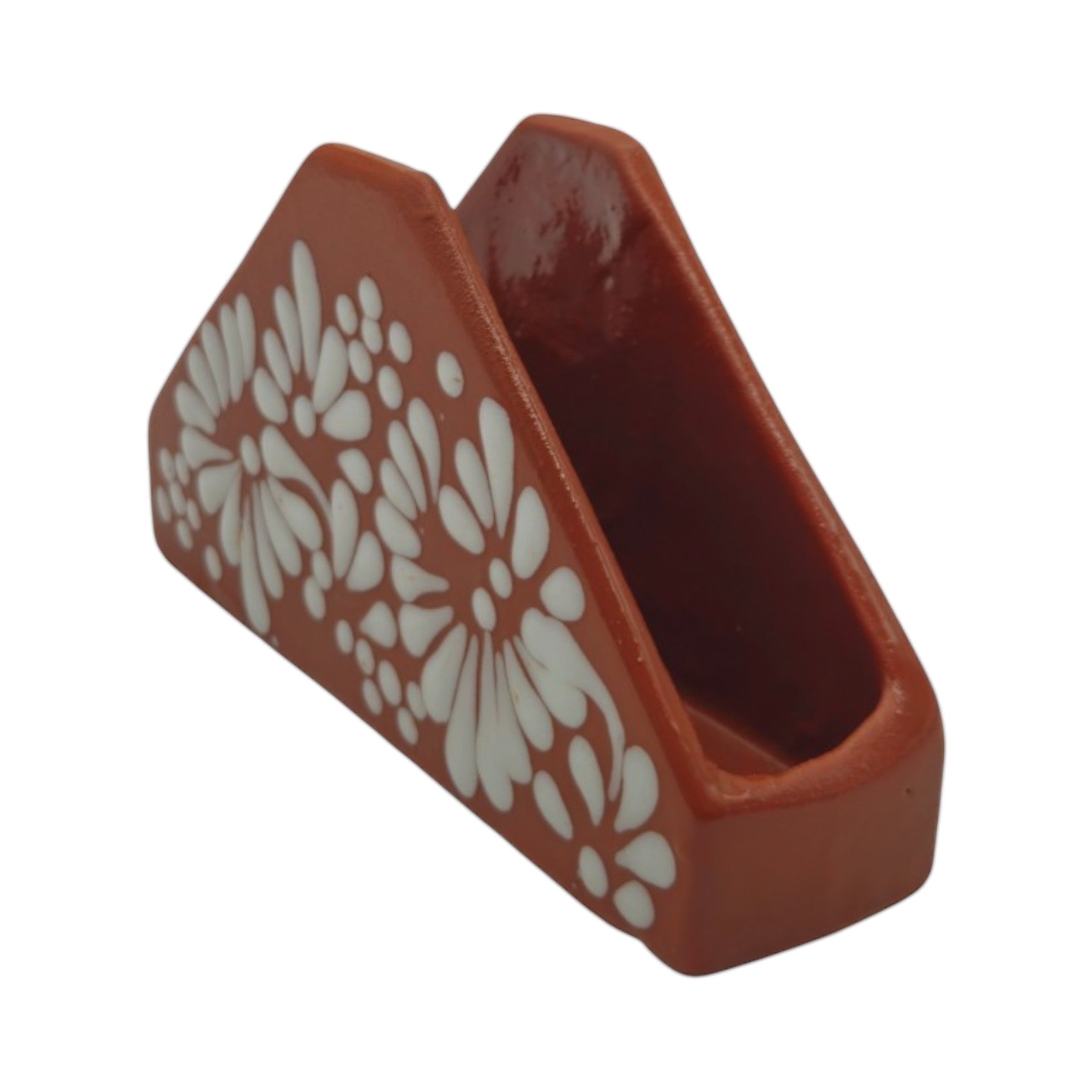 Brown & White Talavera Napkin Holder | Floral Glazed Design