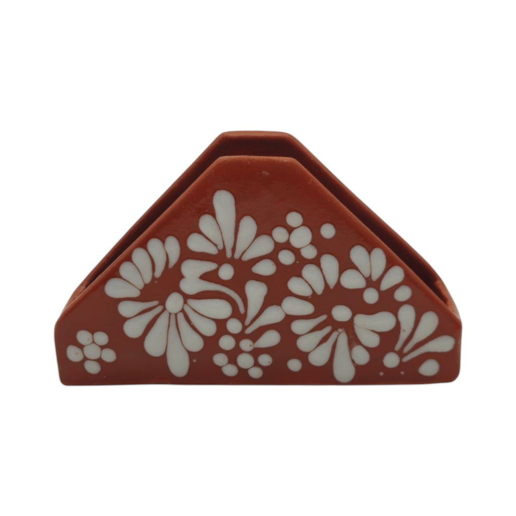 Brown & White Talavera Napkin Holder | Floral Glazed Design