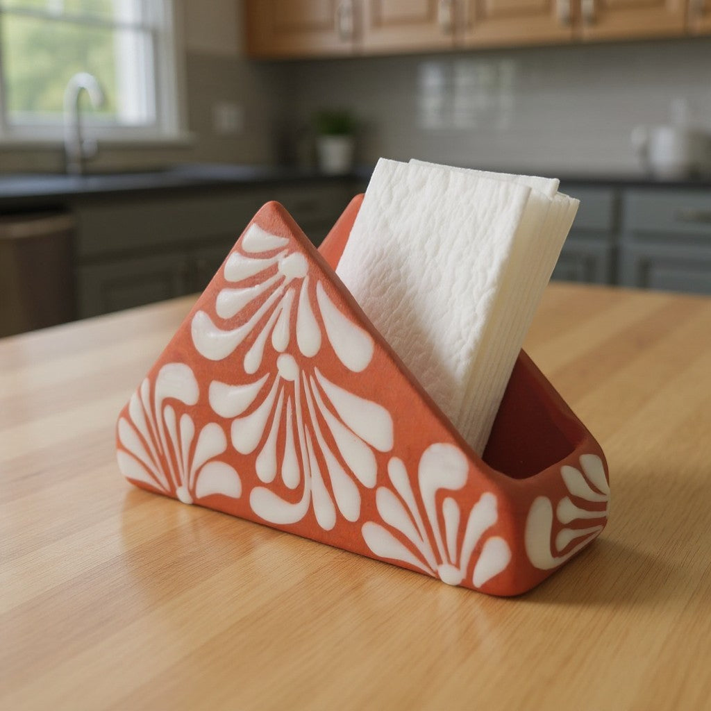 Brown & White Talavera Napkin Holder | Hand-Painted Mexican Decor