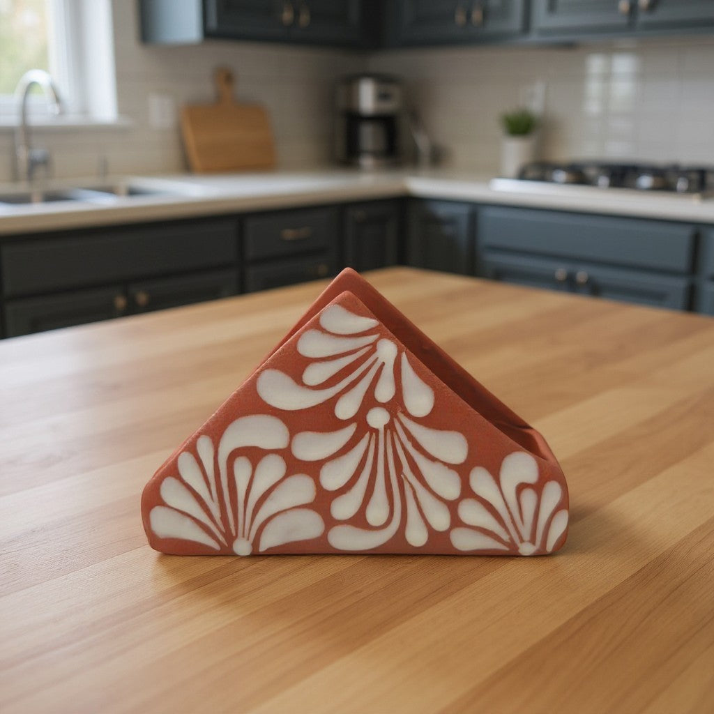Brown & White Talavera Napkin Holder | Hand-Painted Mexican Decor