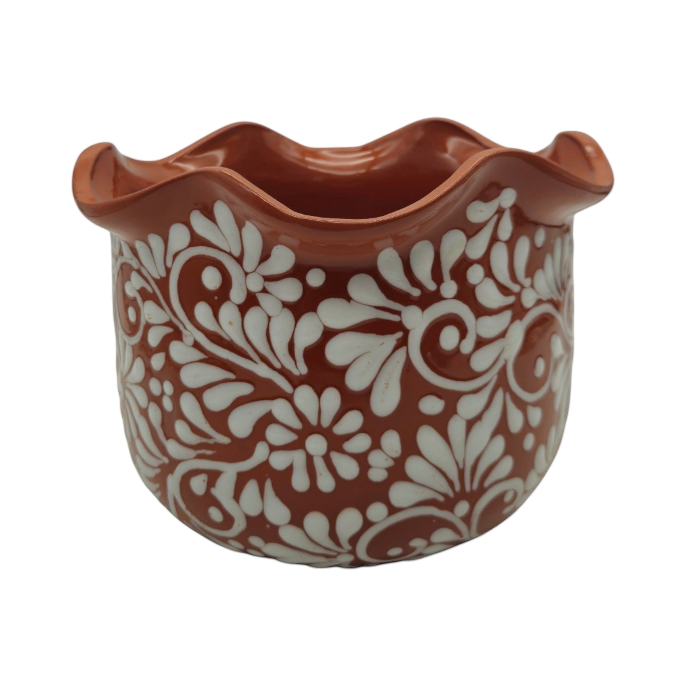 Brown & White Talavera Planter | Handcrafted Wavy Rim Pot