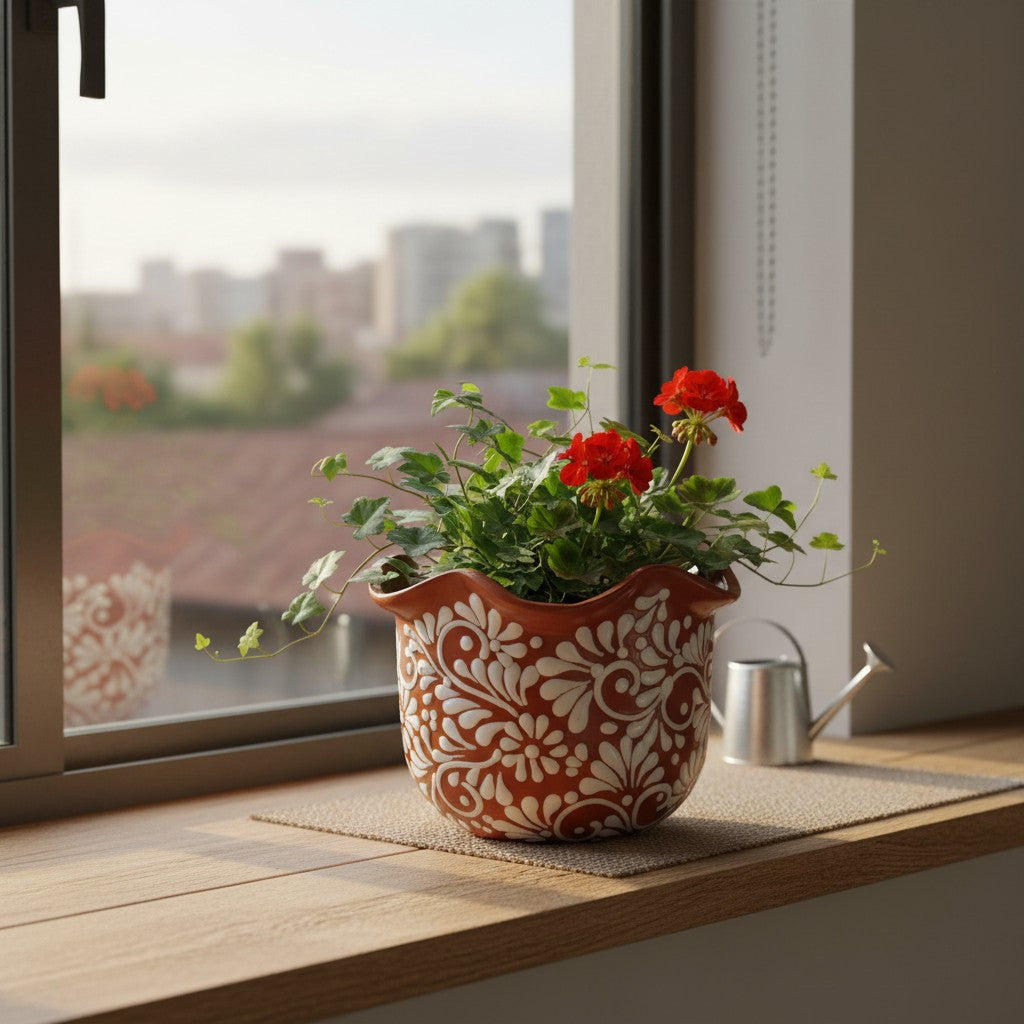 Brown & White Talavera Planter | Handcrafted Wavy Rim Pot