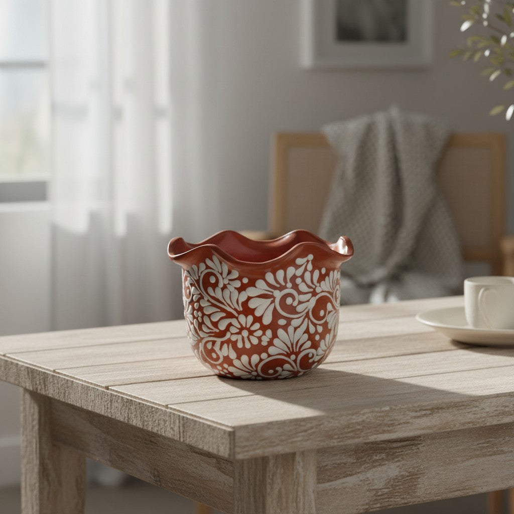 Brown & White Talavera Planter | Handcrafted Wavy Rim Pot