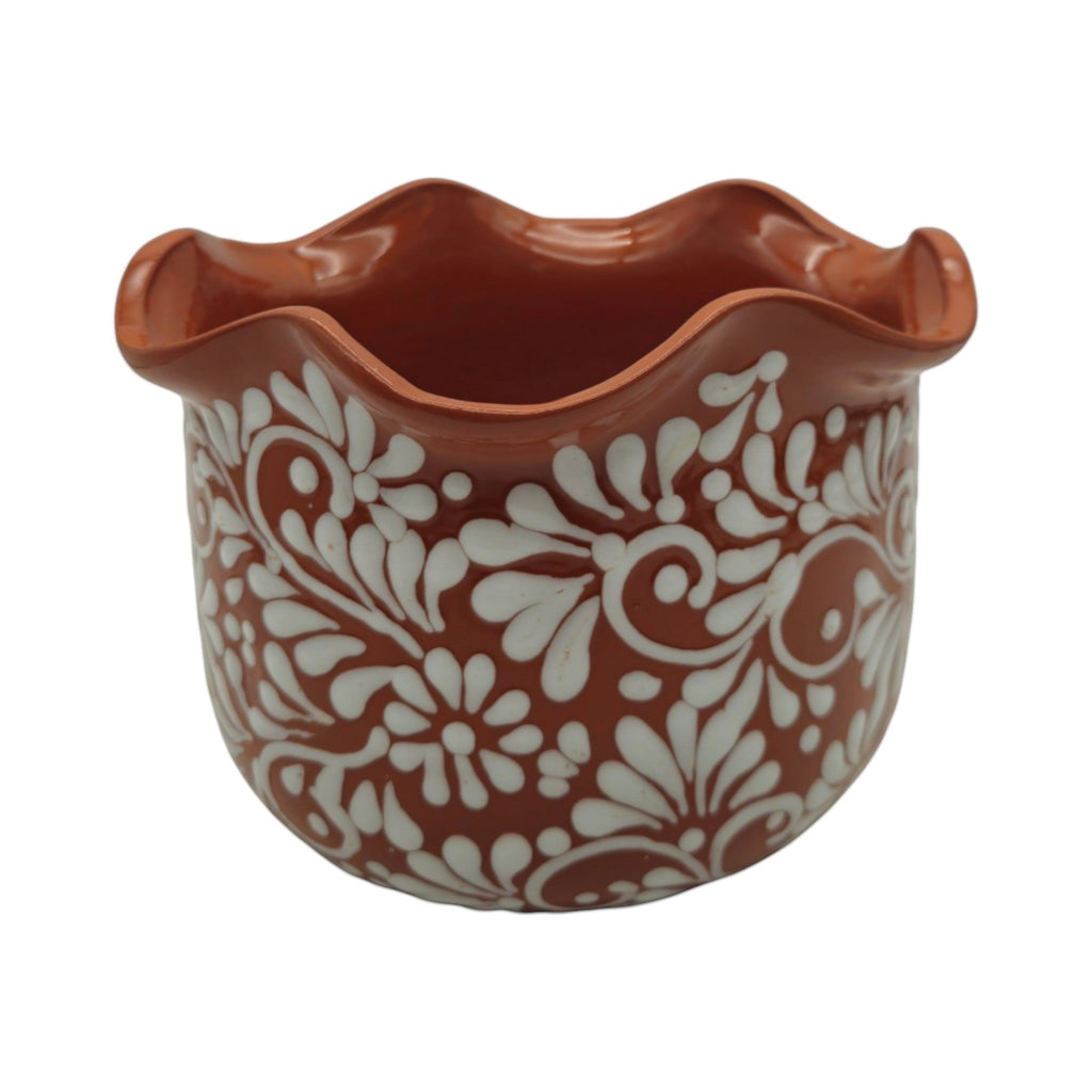 Brown & White Talavera Planter | Handcrafted Wavy Rim Pot