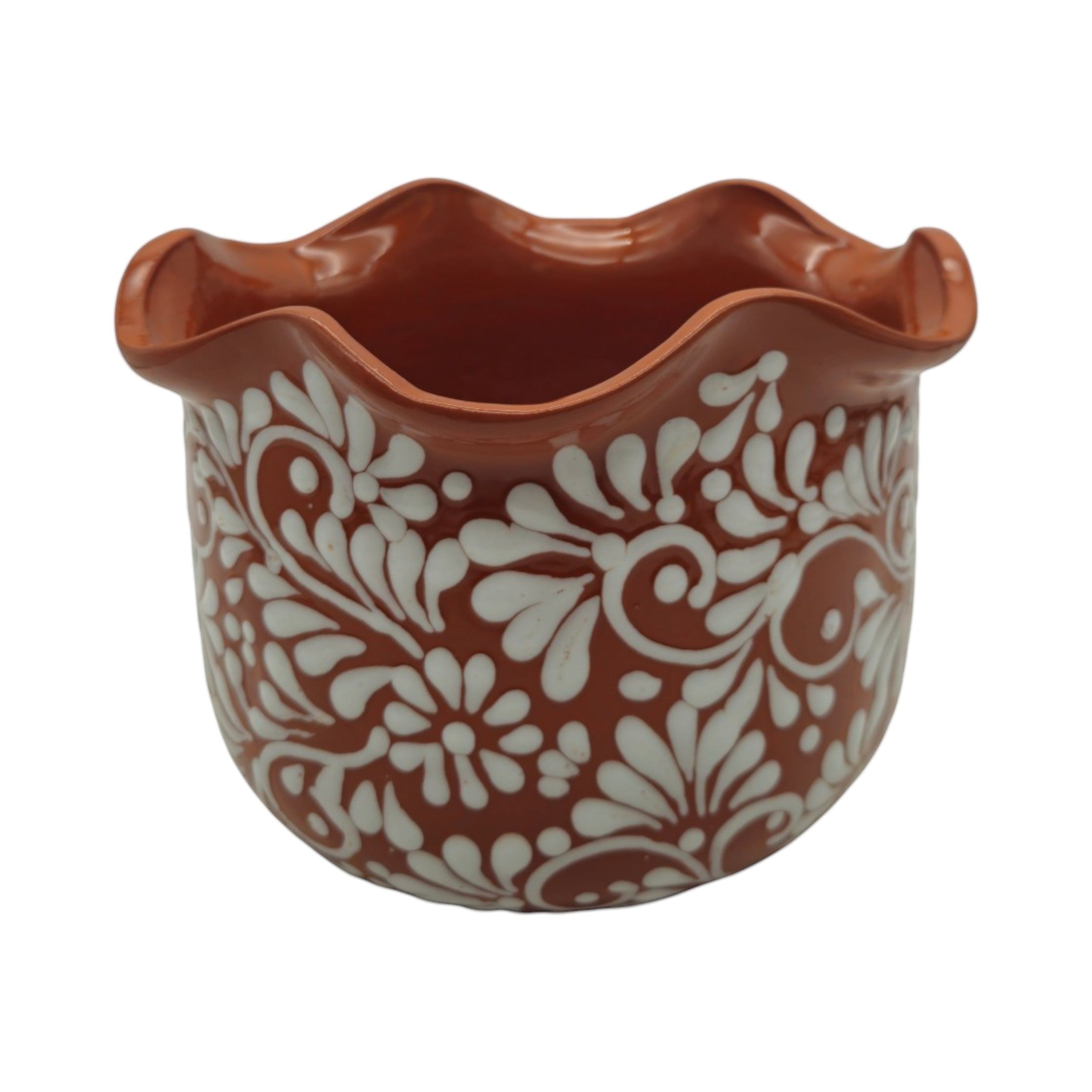 Brown & White Talavera Planter | Handcrafted Wavy Rim Pot