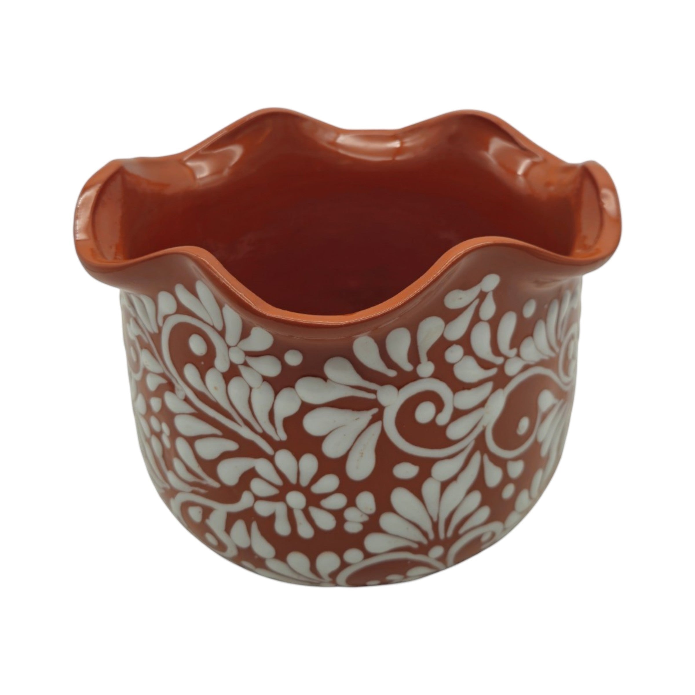 Brown & White Talavera Planter | Handcrafted Wavy Rim Pot