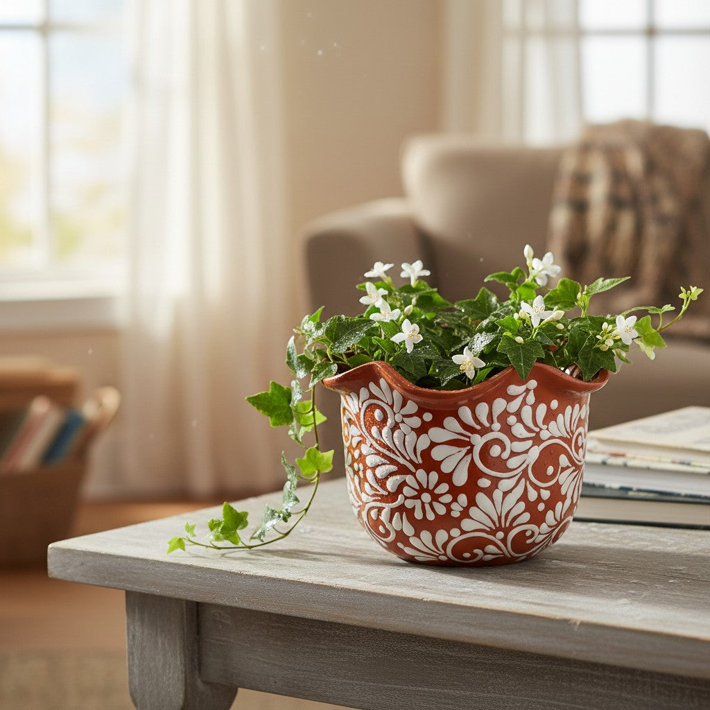 Brown & White Talavera Planter | Handcrafted Wavy Rim Pot