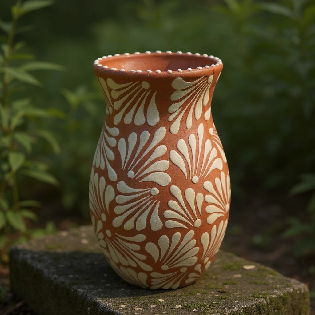 Brown & White Talavera Relief Vase | Hand-Painted Pottery