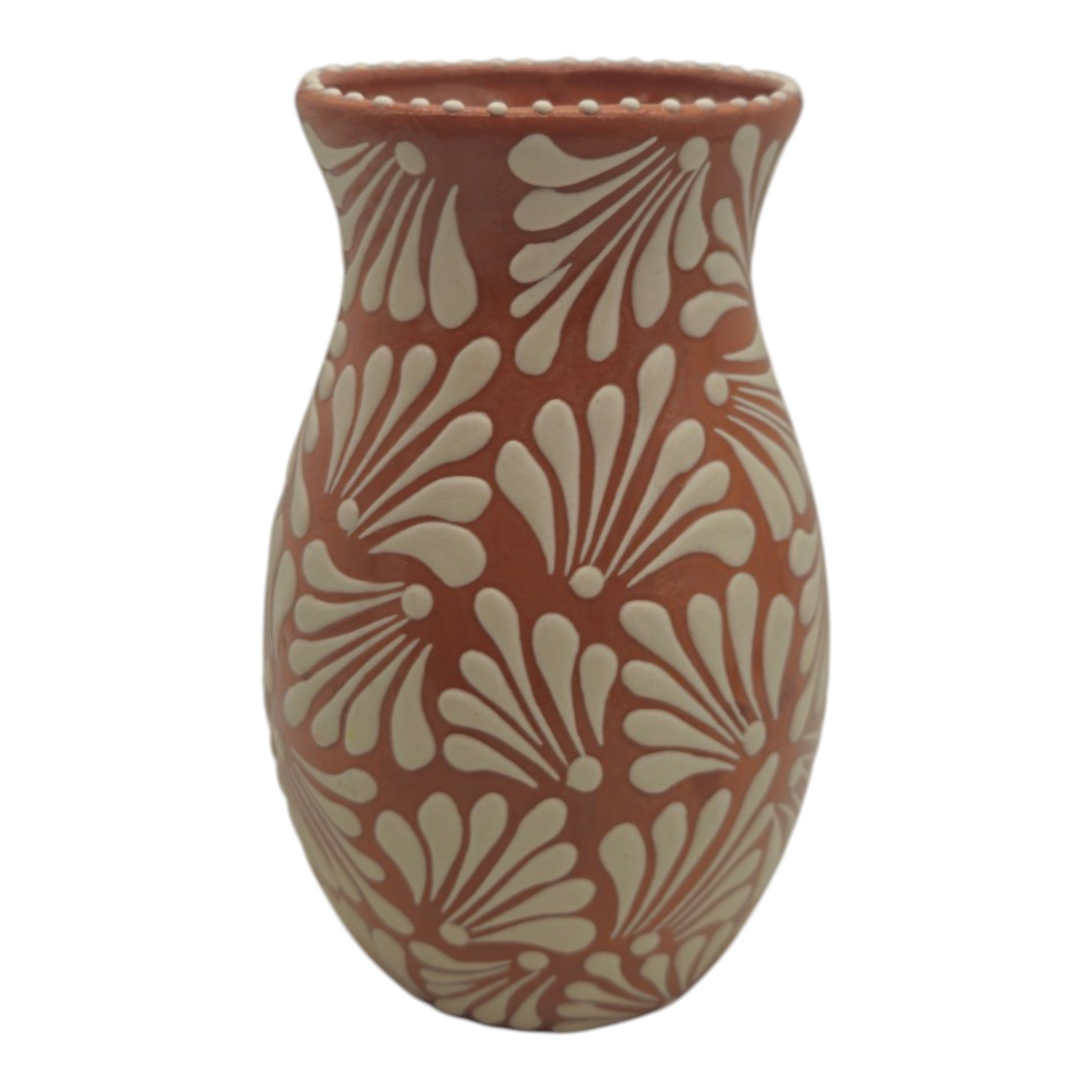 Brown & White Talavera Relief Vase | Hand-Painted Pottery