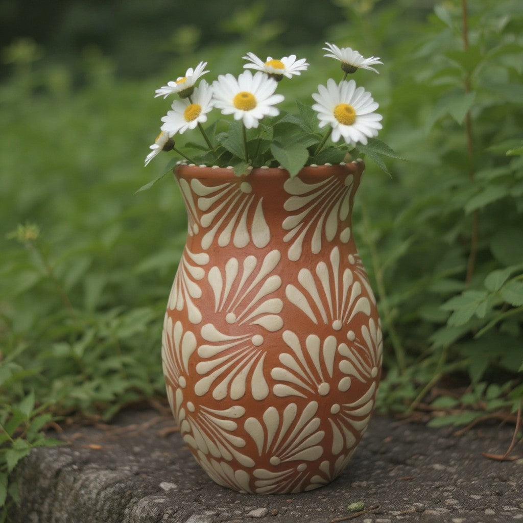 Brown & White Talavera Relief Vase | Hand-Painted Pottery
