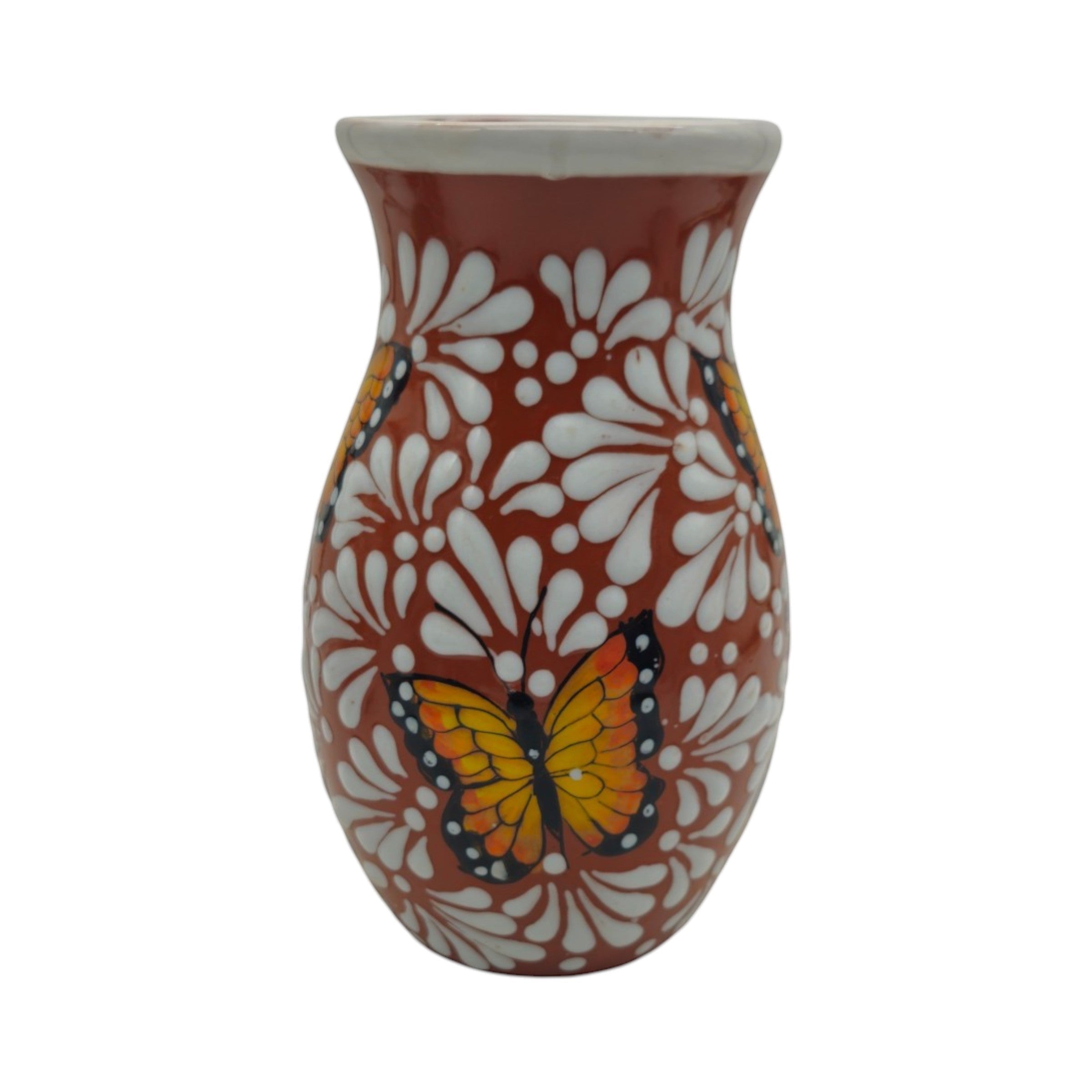Brown & White Talavera Vase | Monarch Butterfly Relief Design