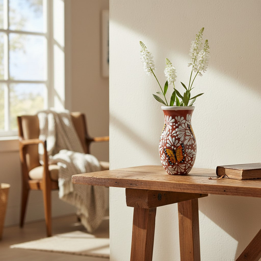 Brown & White Talavera Vase | Monarch Butterfly Relief Design
