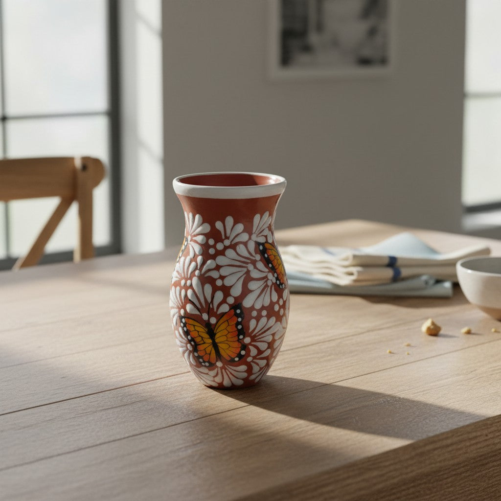 Brown & White Talavera Vase | Monarch Butterfly Relief Design
