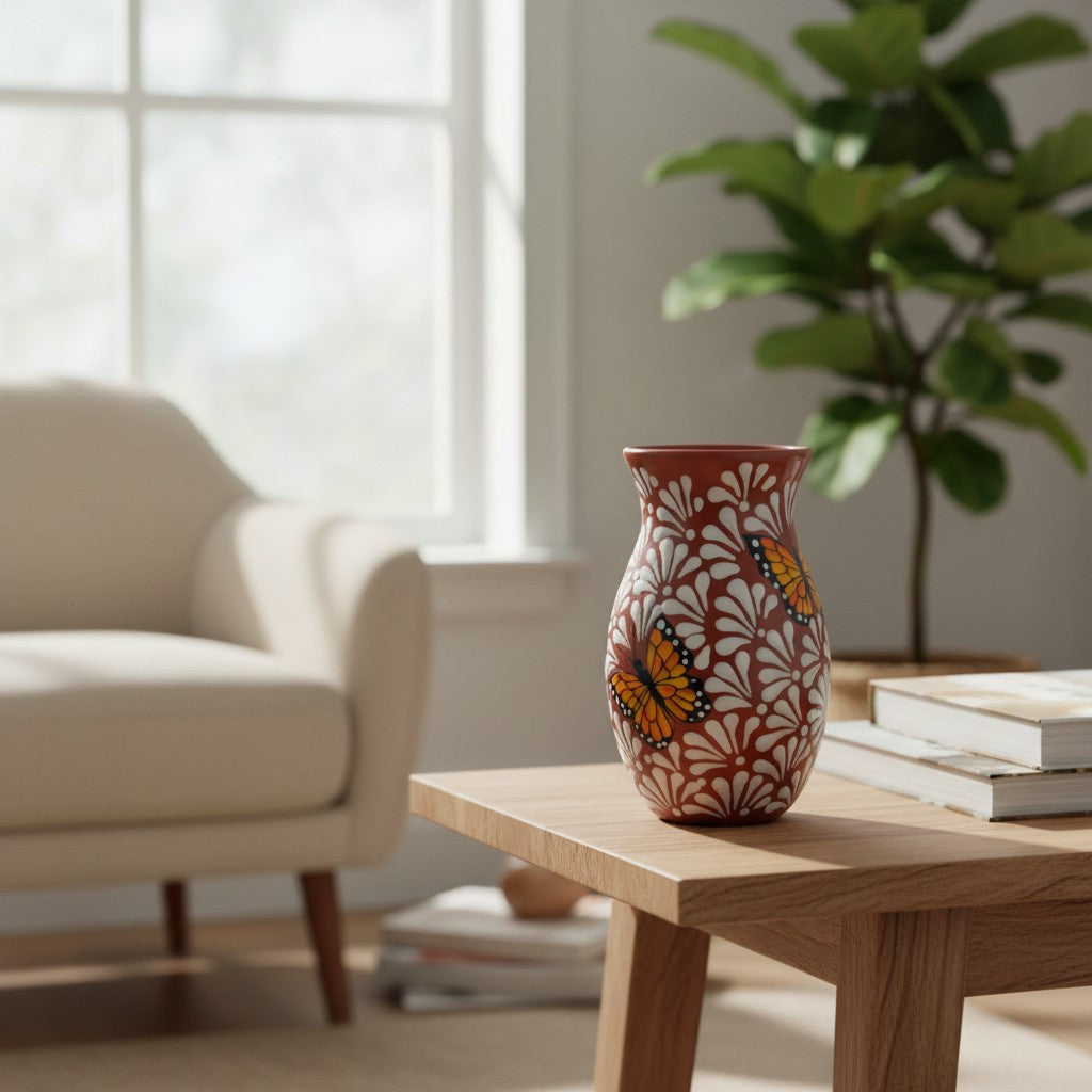 Brown & White Talavera Vase | Monarch Butterfly Relief Design