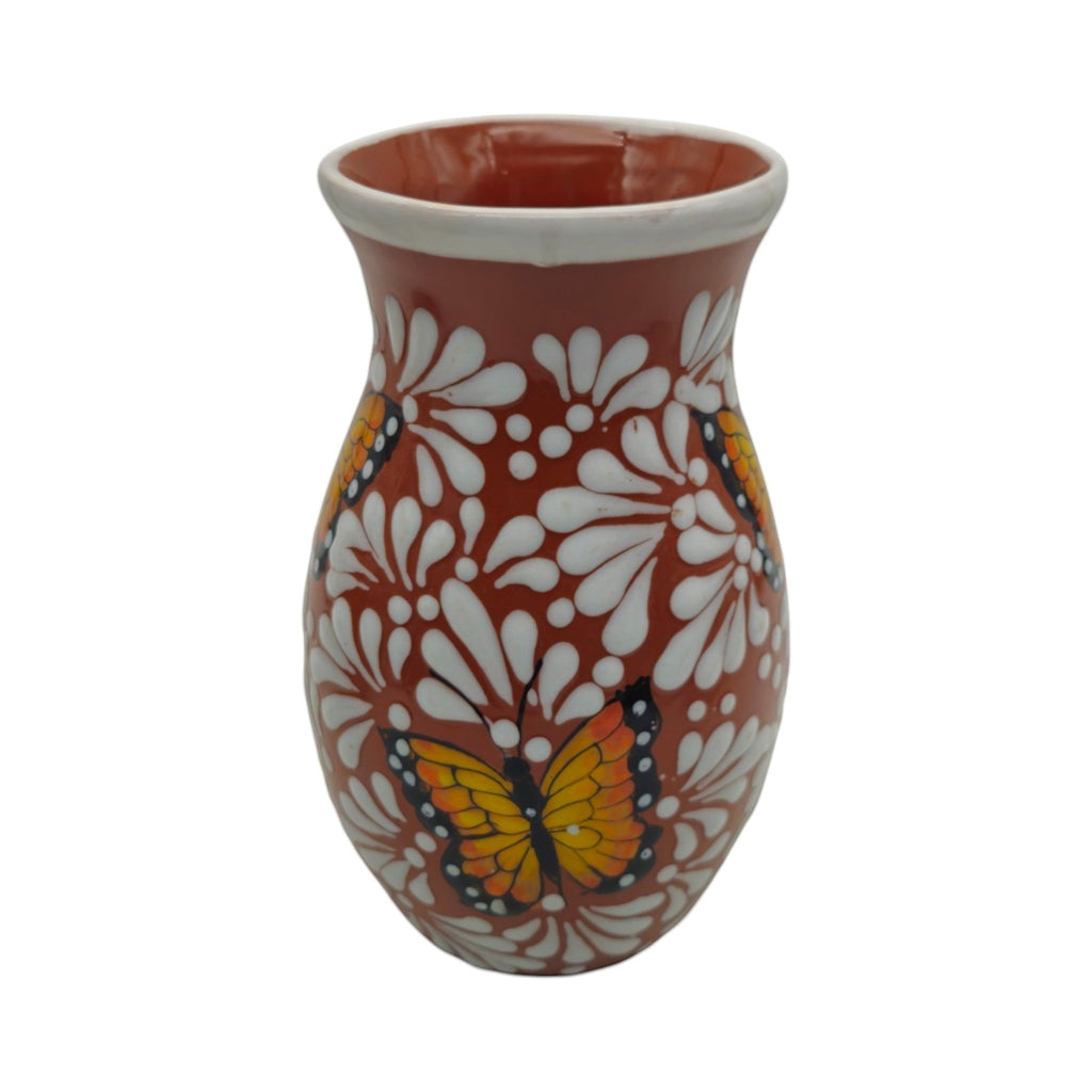 Brown & White Talavera Vase | Monarch Butterfly Relief Design