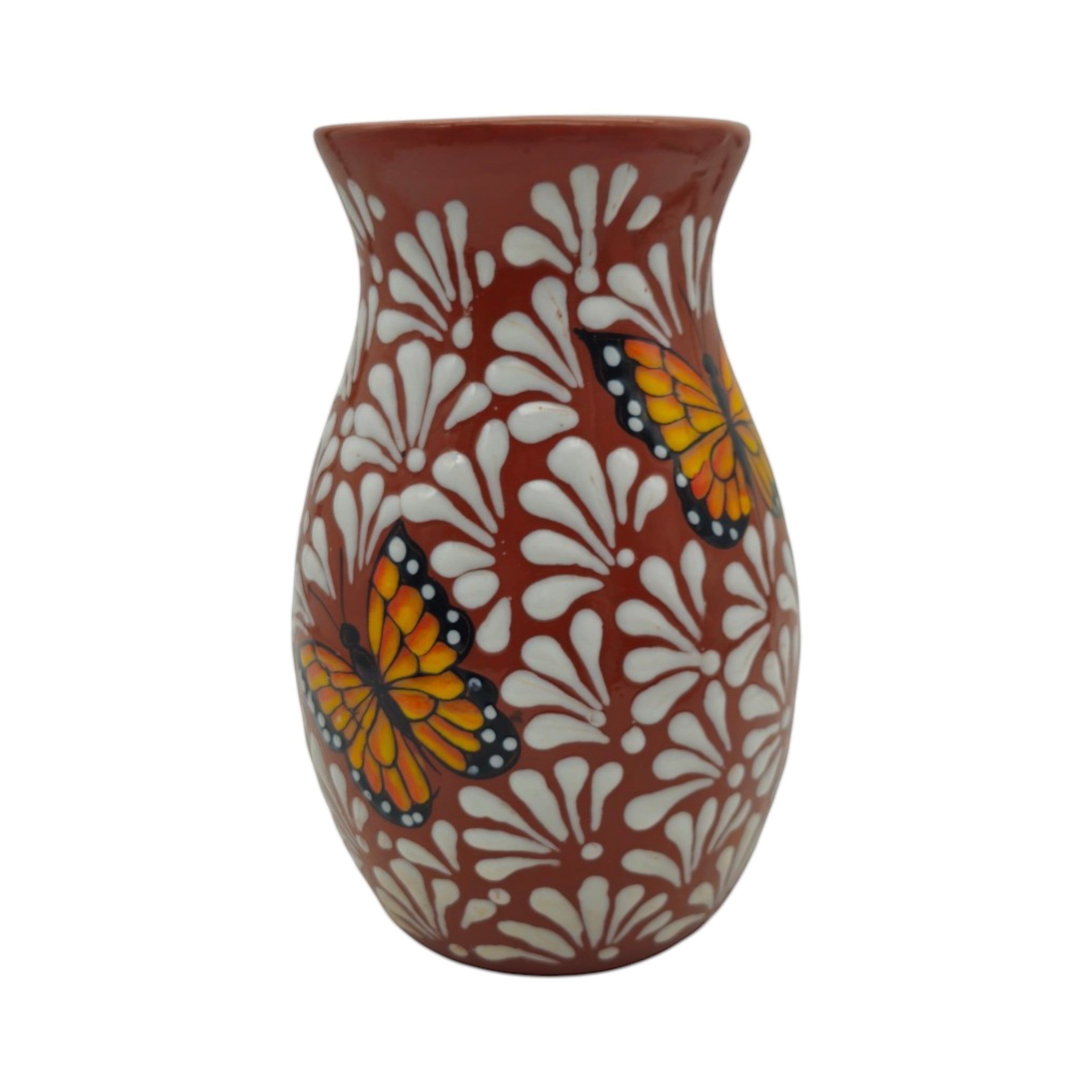 Brown & White Talavera Vase | Monarch Butterfly Relief Design