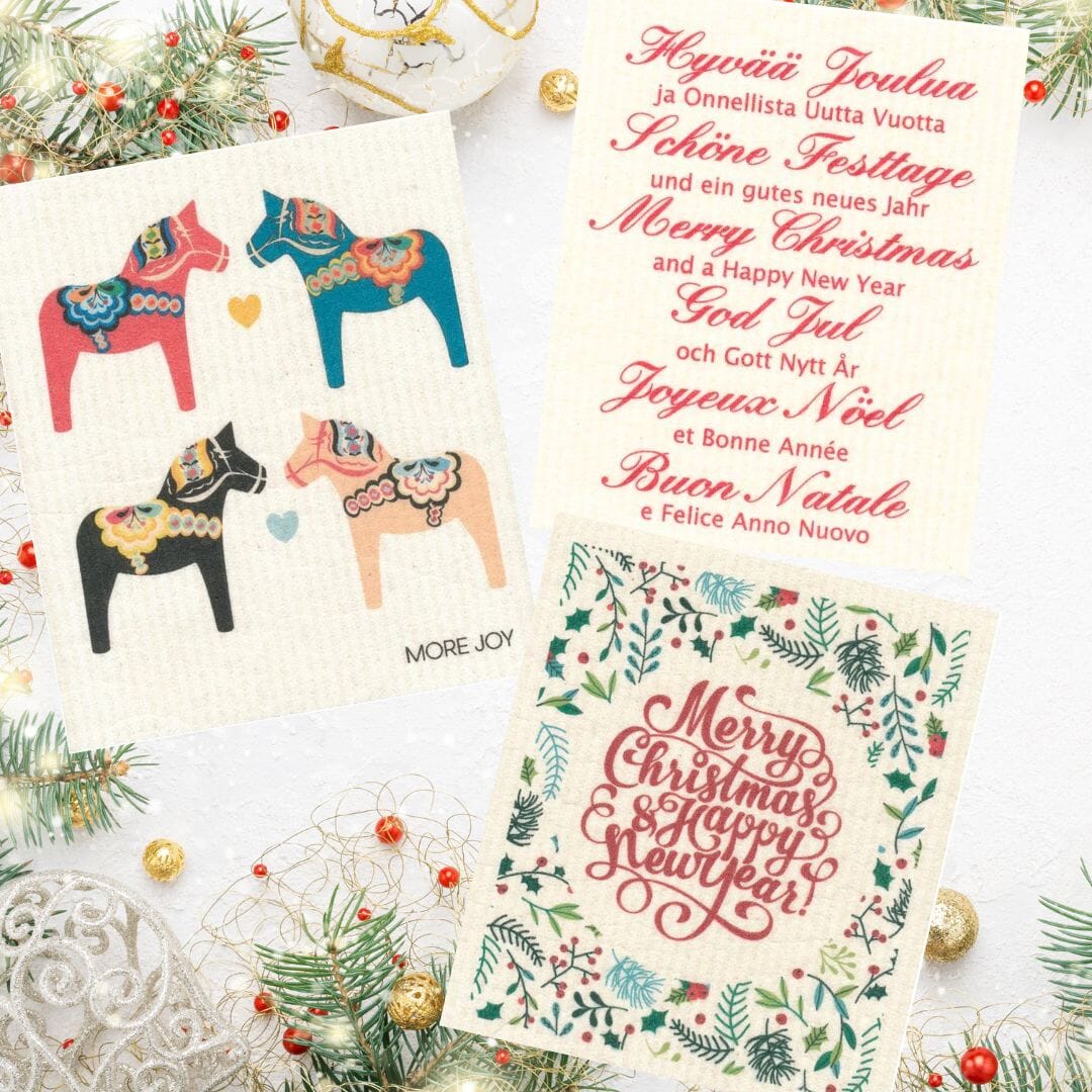 Bundle of 3 Swedish Dishcloths | Merry Christmas Glad Tidings Dala Horse