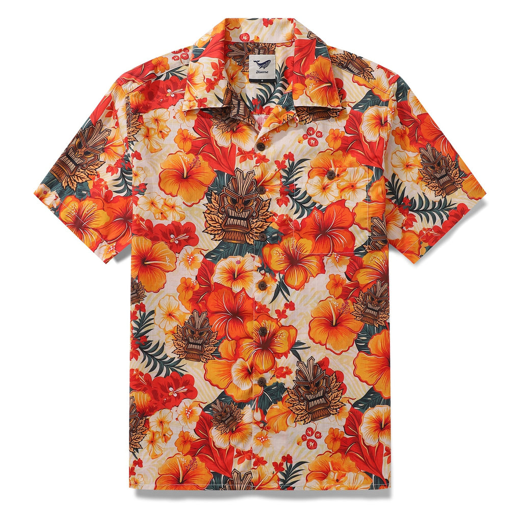 Tiki Hawaiian Shirt For Men Designer Floral Shirt Camp Collar 100% Cotton By Yakima