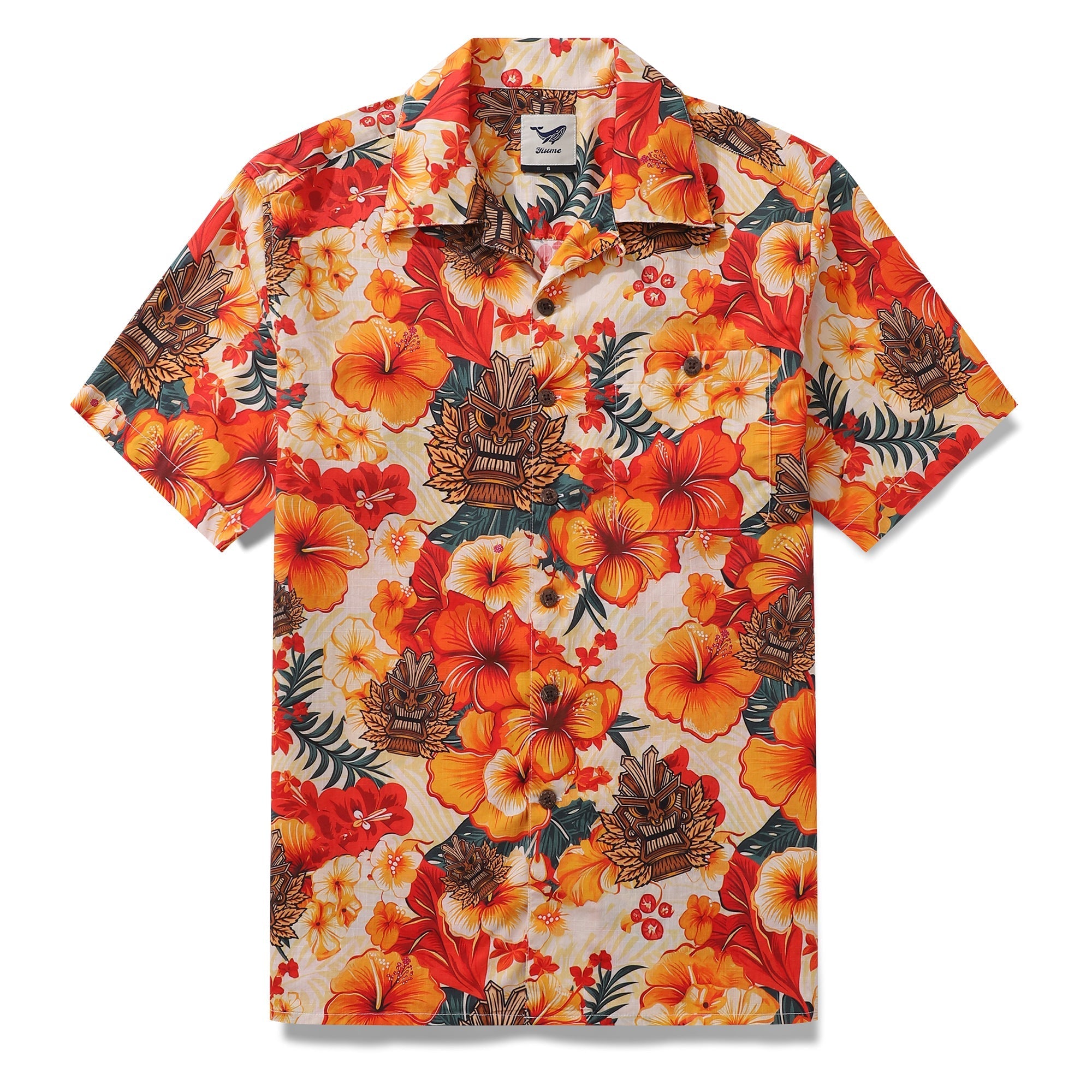 Tiki Hawaiian Shirt For Men Designer Floral Shirt Camp Collar 100% Cotton By Yakima