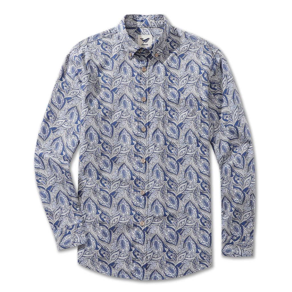 Men's Hawaiian Floral Pattern Series 1 Elm Tree Print Cotton Button-down Long Sleeve Aloha Shirt By Sun