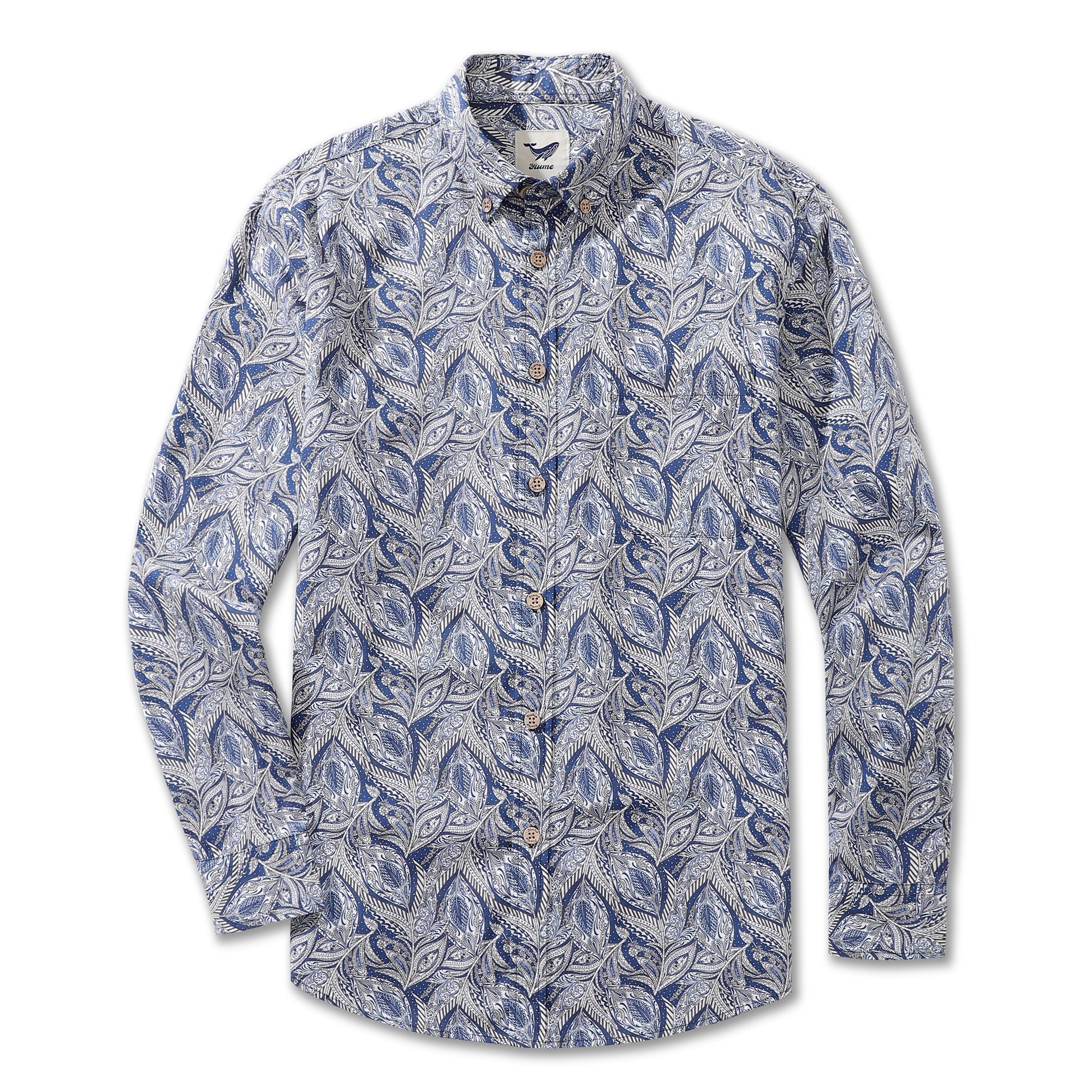 Men's Hawaiian Floral Pattern Series 1 Elm Tree Print Cotton Button-down Long Sleeve Aloha Shirt By Sun