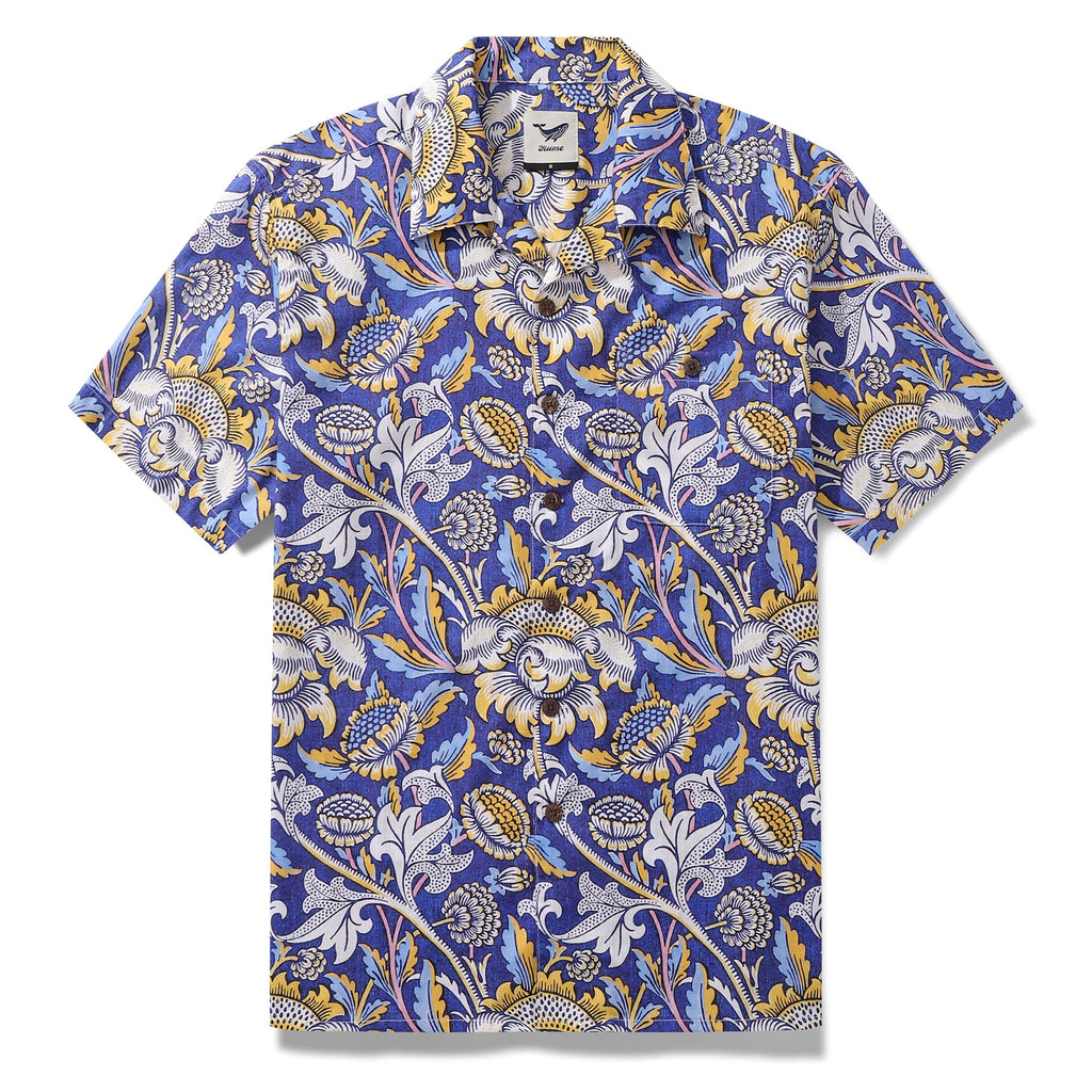 Hawaiian Shirt For Men Azure Garden Print Shirt Camp Collar 100% Cotton By Cigar