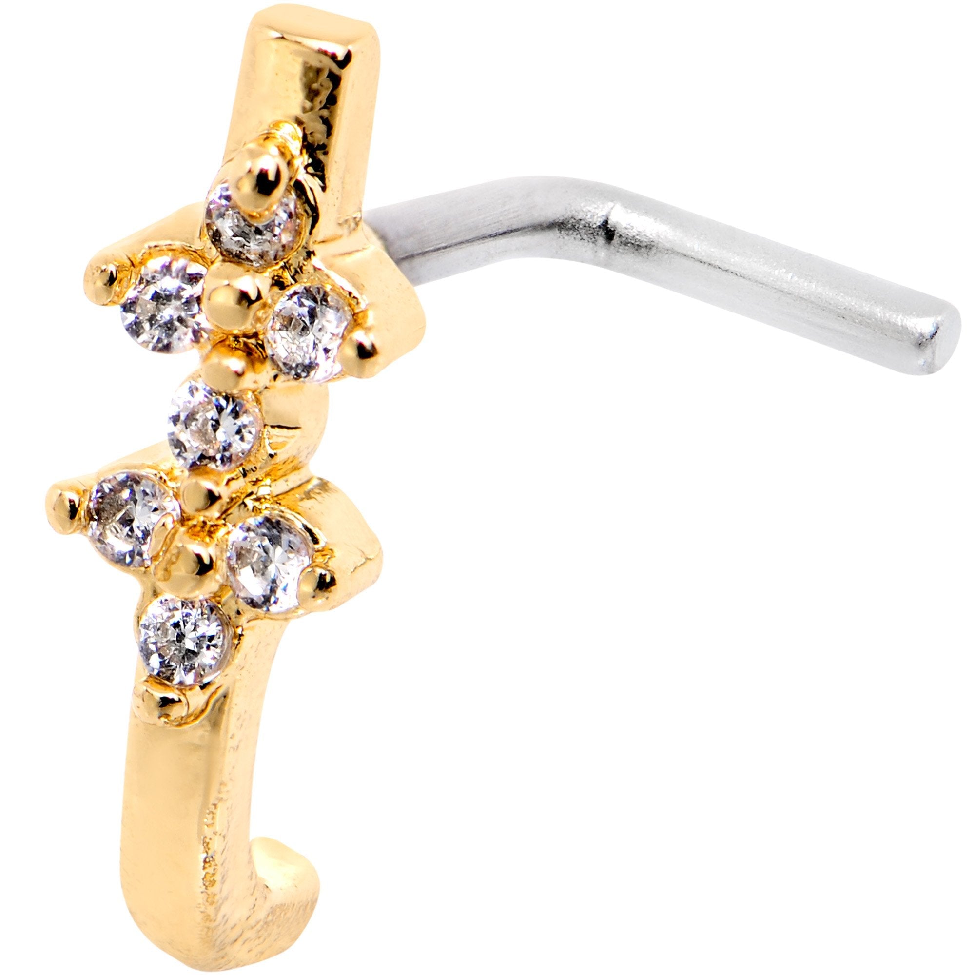 18G Clear CZ Gold Tone Bling Faux Hoop L Shaped Nose Ring