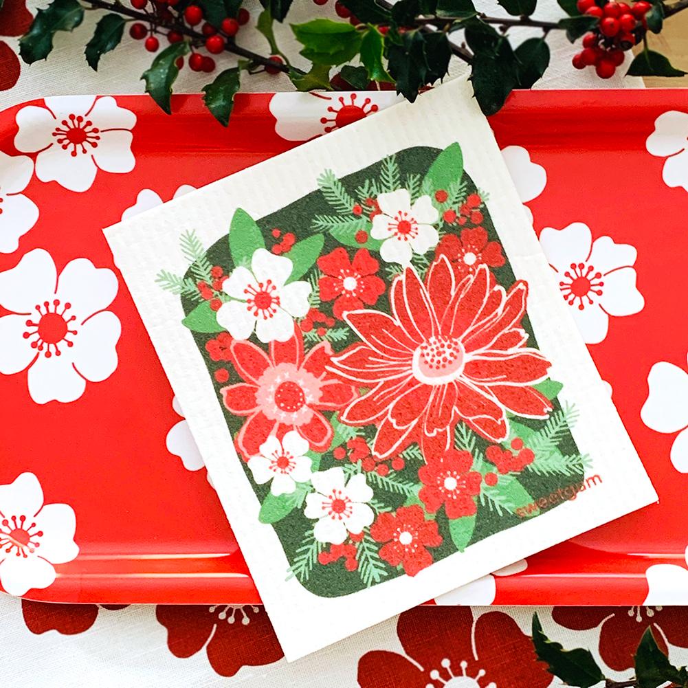 Christmas Flowers Poinsettia Swedish Dishcloth