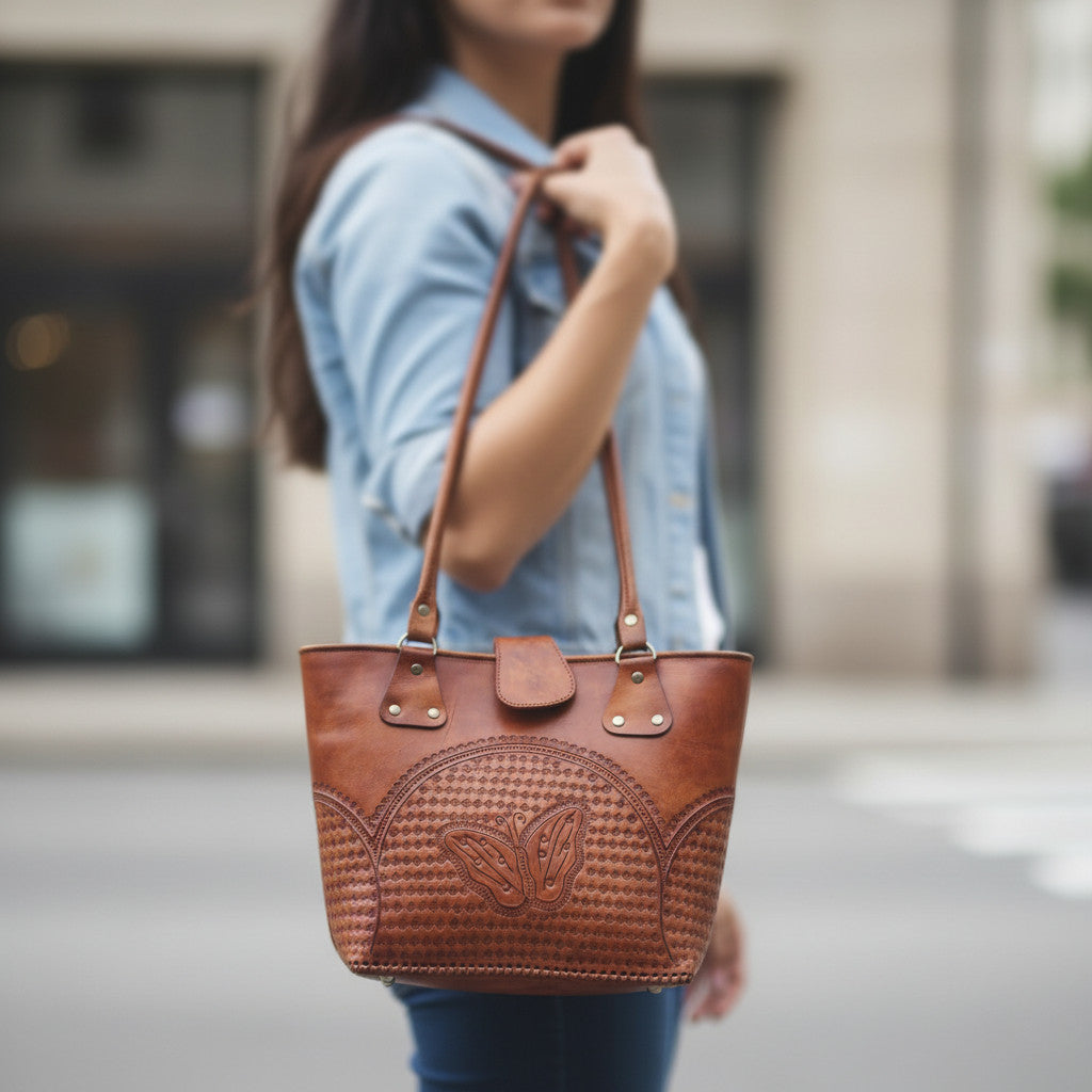 Cincelada Leather Tote | Hand Tooled Mexican Butterfly Bag
