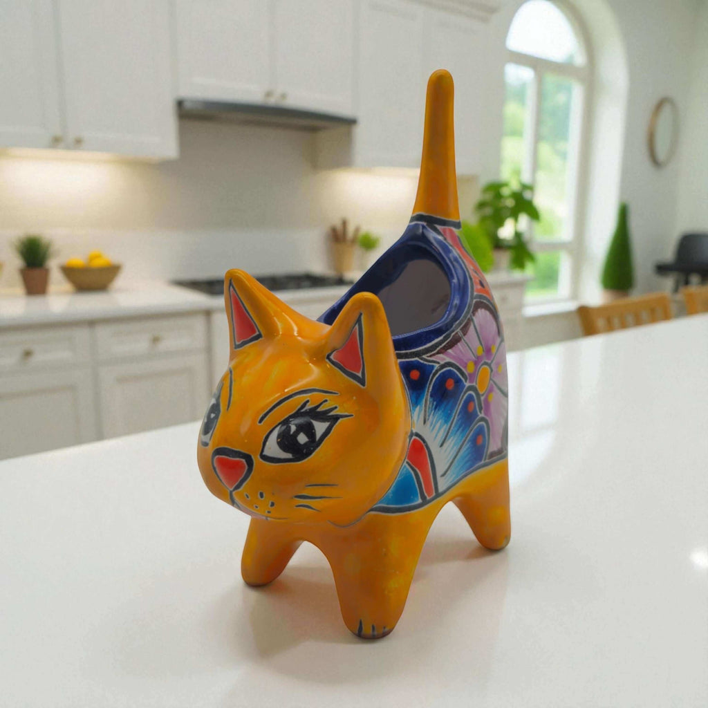 Colorful Talavera Cat Planter | Mexican Ceramic Art