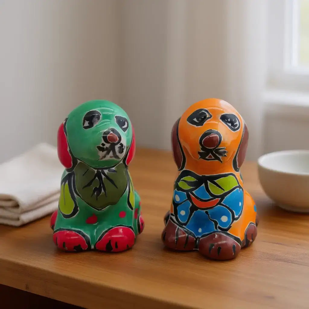 Colorful Talavera Dog Figurine Pair | Mexican Folk Art Decor