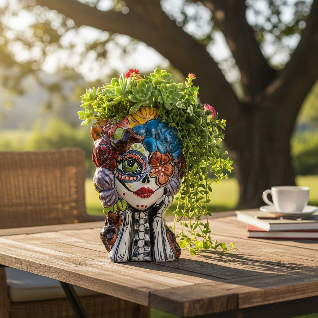 Colorful Talavera Skull Planter | Hand-Painted Ceramic Pot