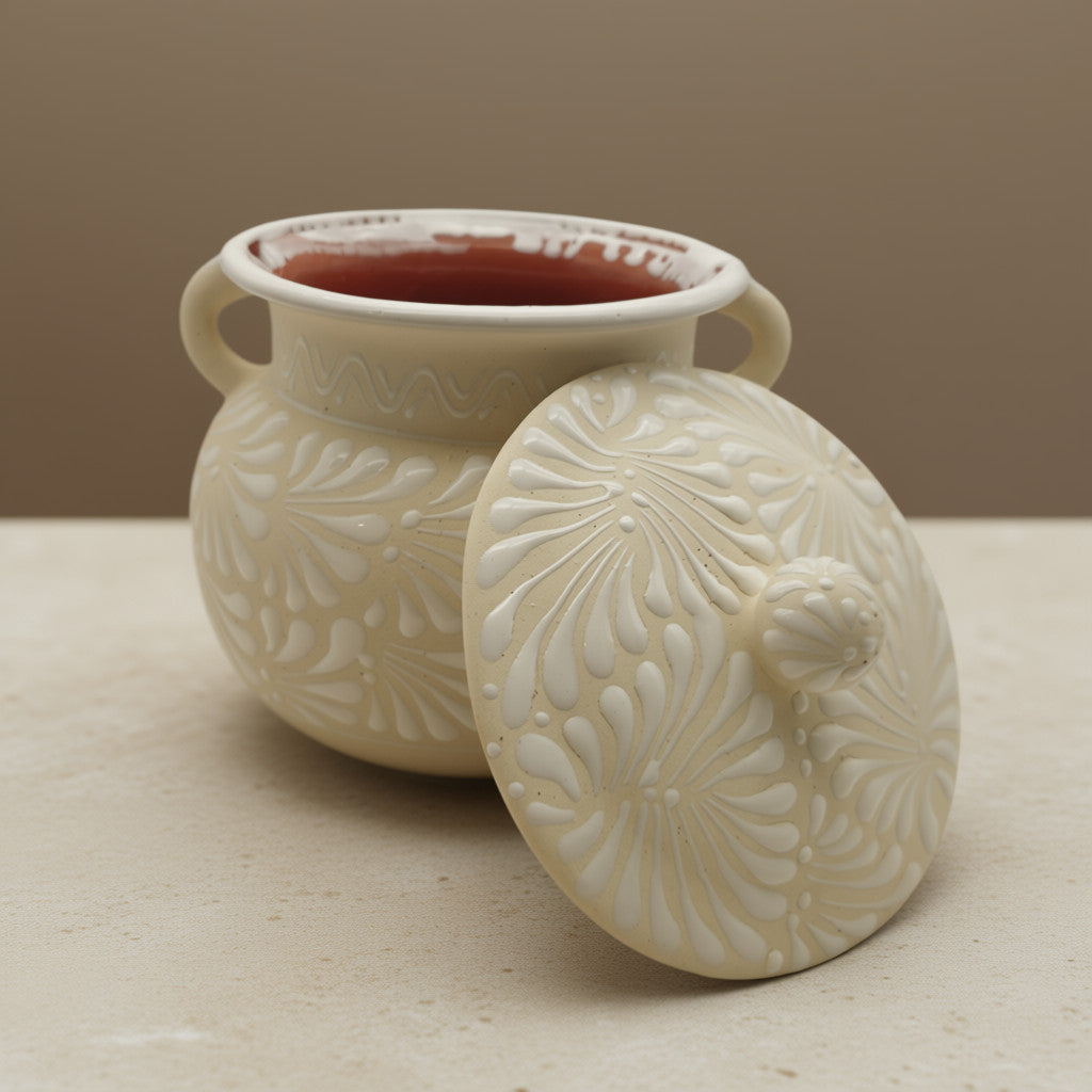 Cream Talavera Bean Pot with Lid | Handmade Mexican Clay