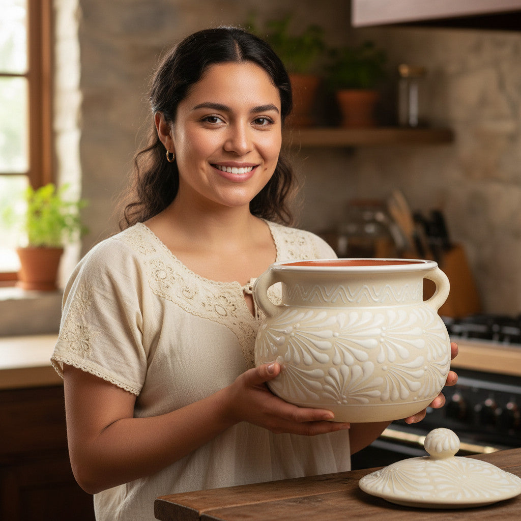 Cream Talavera Bean Pot with Lid | Handmade Mexican Clay