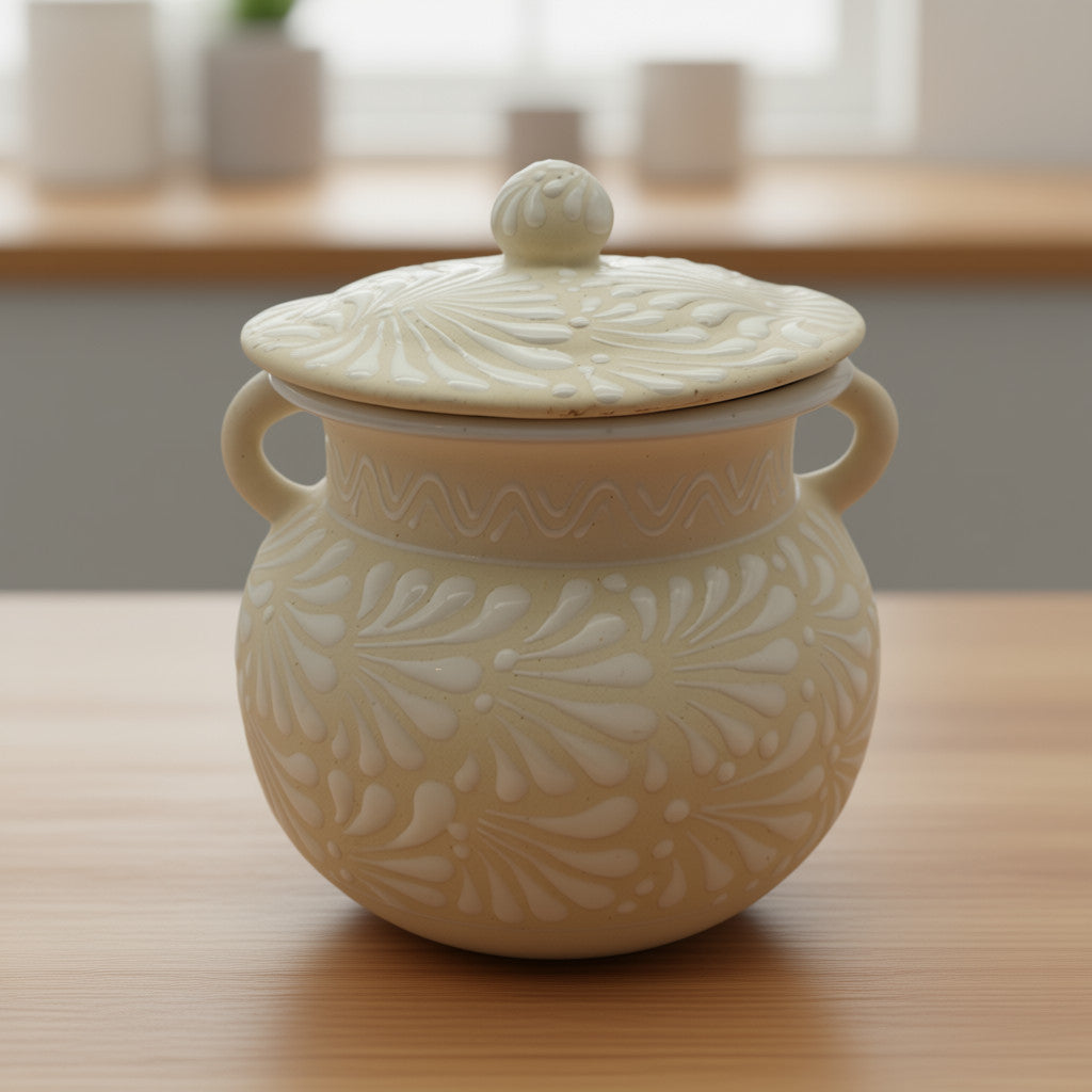 Cream Talavera Bean Pot with Lid | Handmade Mexican Clay