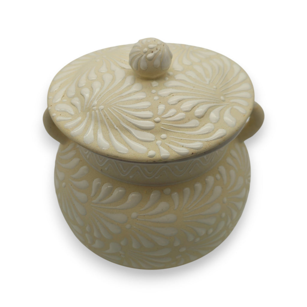 Cream Talavera Bean Pot with Lid | Handmade Mexican Clay