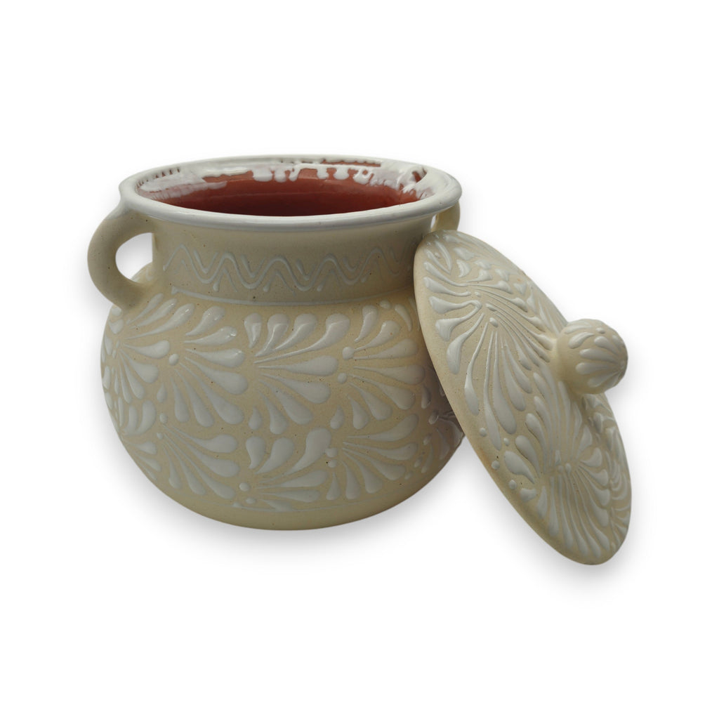 Cream Talavera Bean Pot with Lid | Handmade Mexican Clay