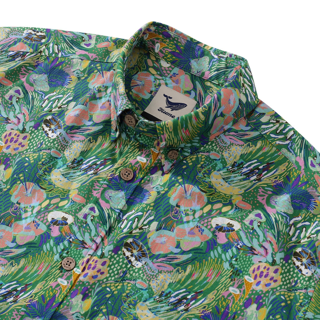Men's Green Hawaiian Shirt Songe Marin Pattern Cotton Button-down Short Sleeve Aloha Shirt By Lucille Pattern