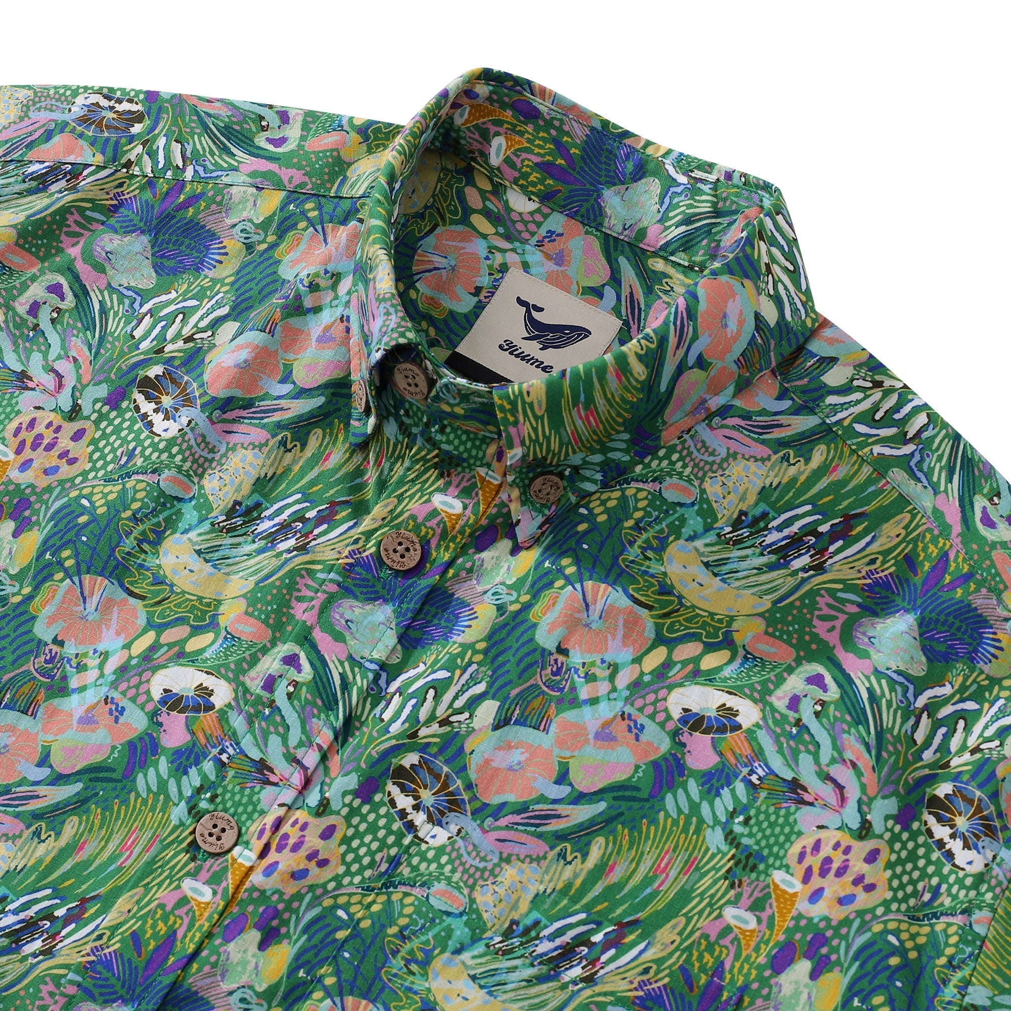 Men's Green Hawaiian Shirt Songe Marin Pattern Cotton Button-down Short Sleeve Aloha Shirt By Lucille Pattern