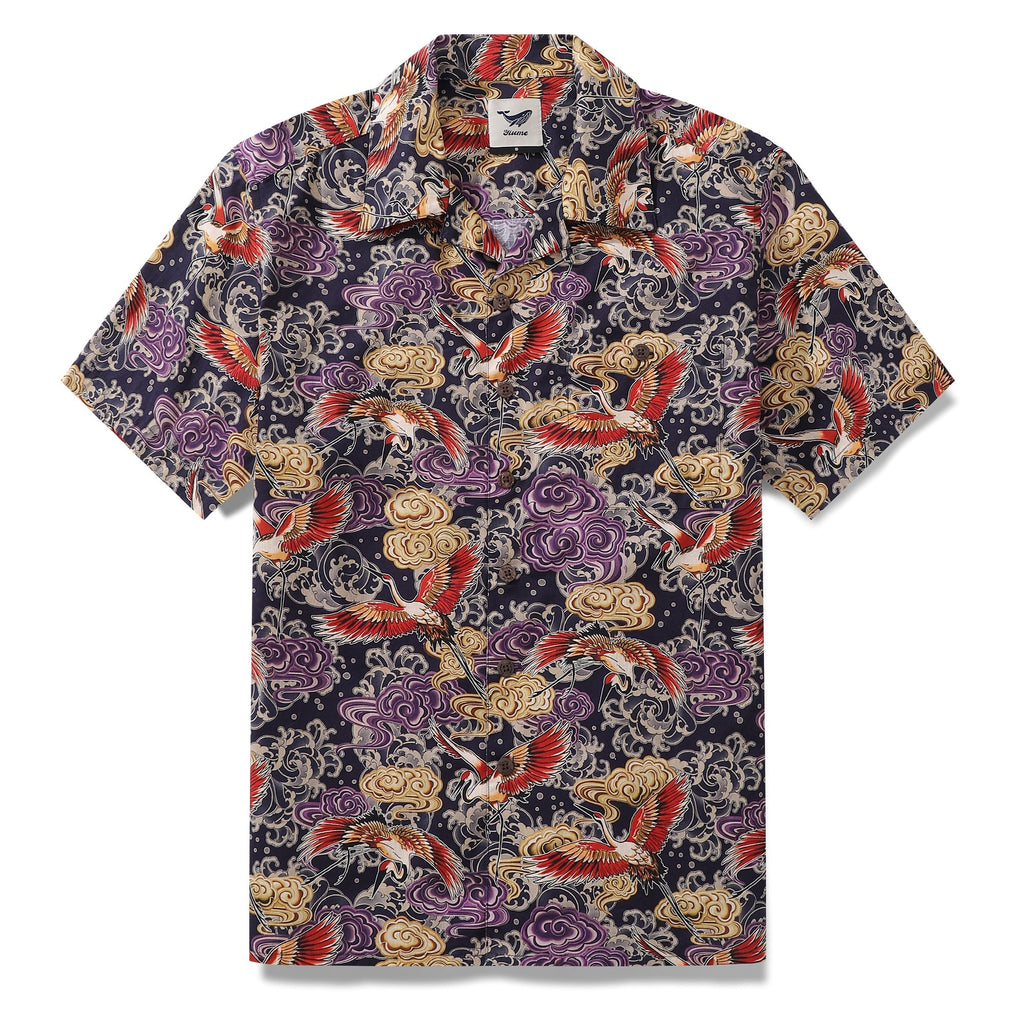 Hawaiian Shirt For Men Lonely Clouds and Free Cranes Print Shirt Camp Collar 100% Cotton By Yakima