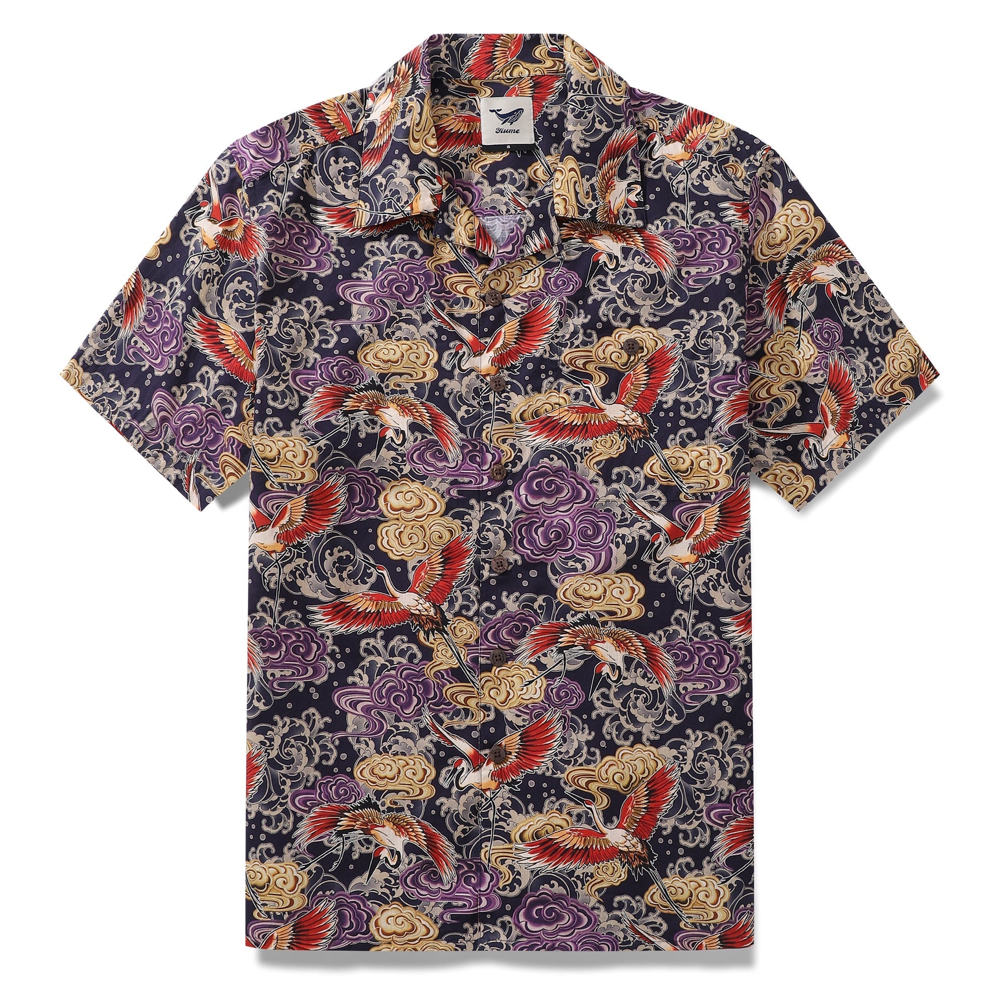 Hawaiian Shirt For Men Lonely Clouds and Free Cranes Print Shirt Camp Collar 100% Cotton By Yakima