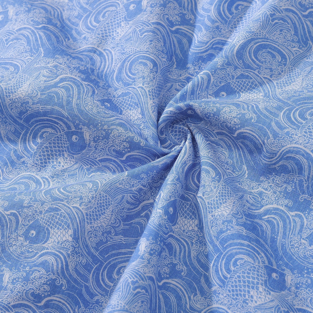 Hawaiian Shirts For Men Traditional Koi Carp Printed 100% Cotton Short Sleeve - Blue By Amy