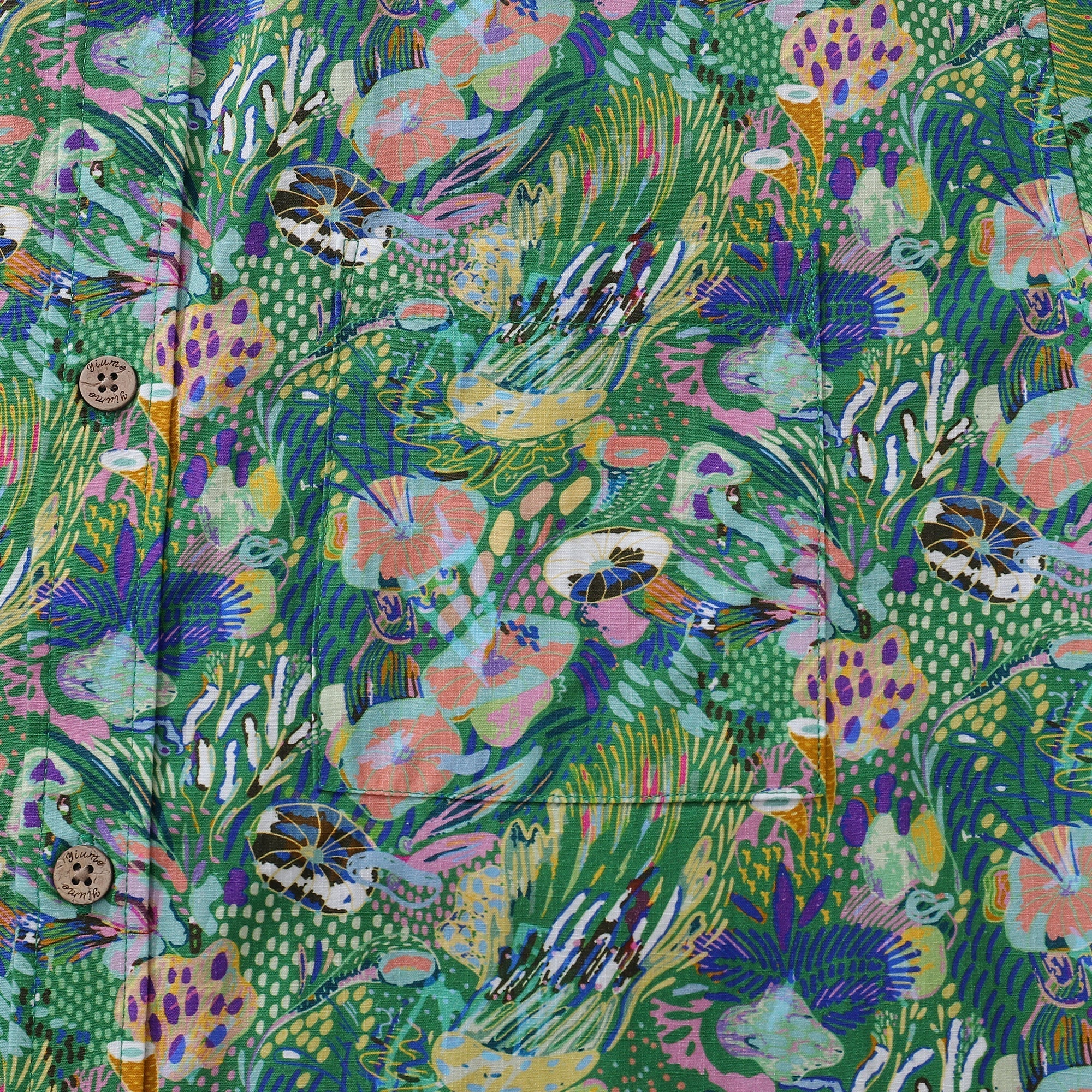 Men's Green Hawaiian Shirt Songe Marin Pattern Cotton Button-down Short Sleeve Aloha Shirt By Lucille Pattern