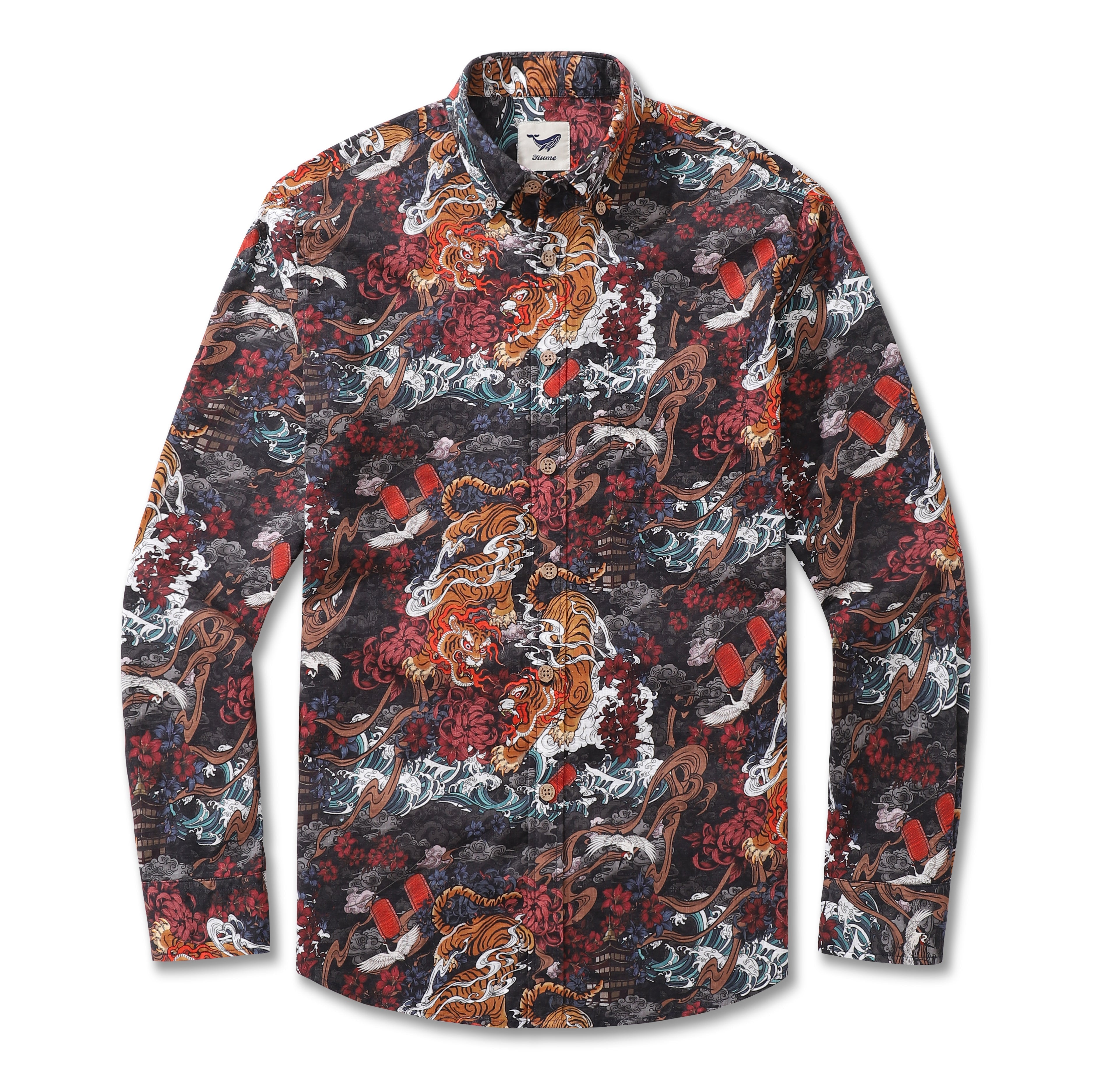 Long Sleeve Hawaiian Shirt For Men Tiger in the Mist Cotton Button-down Aloha Shirt By Yakima