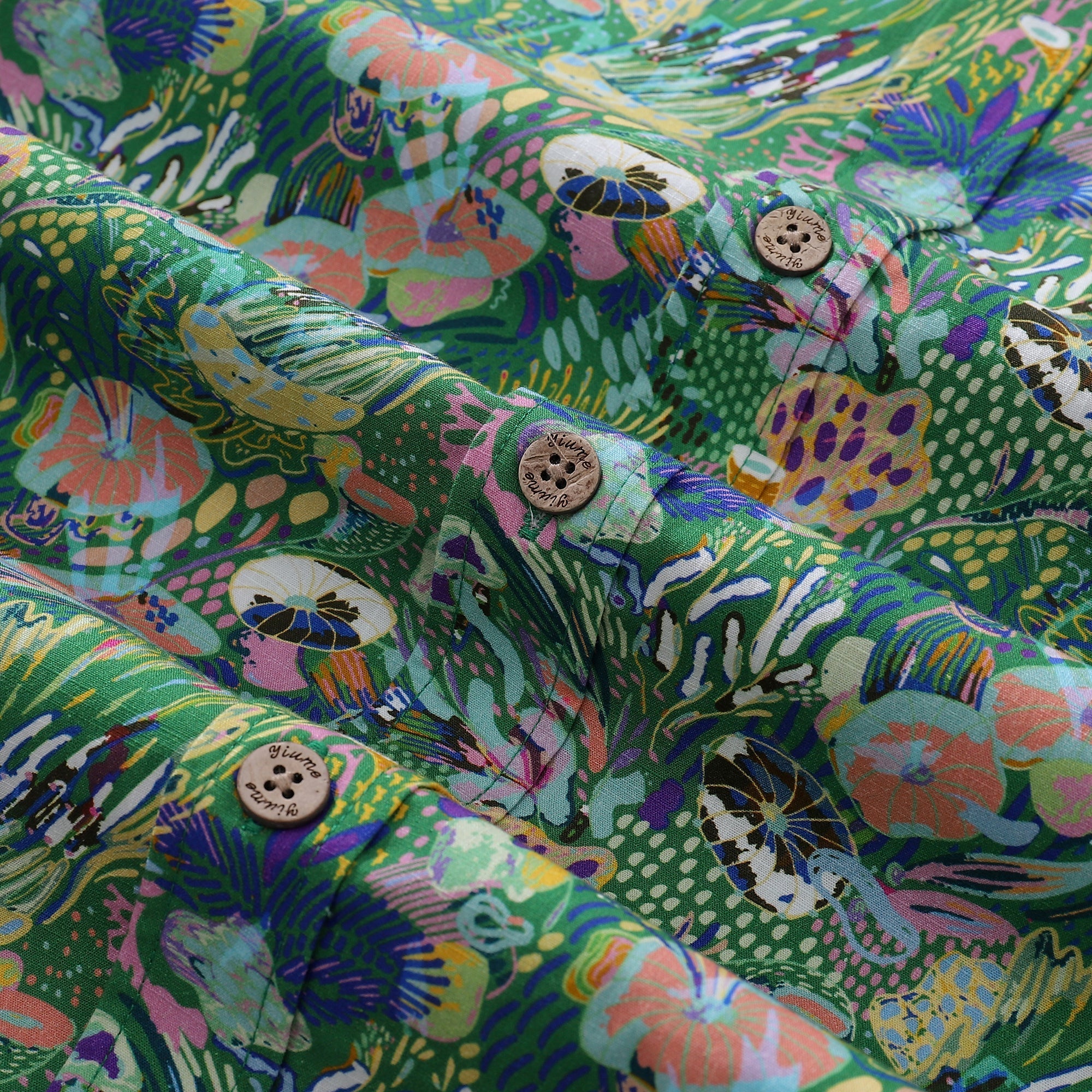 Men's Green Hawaiian Shirt Songe Marin Pattern Cotton Button-down Short Sleeve Aloha Shirt By Lucille Pattern